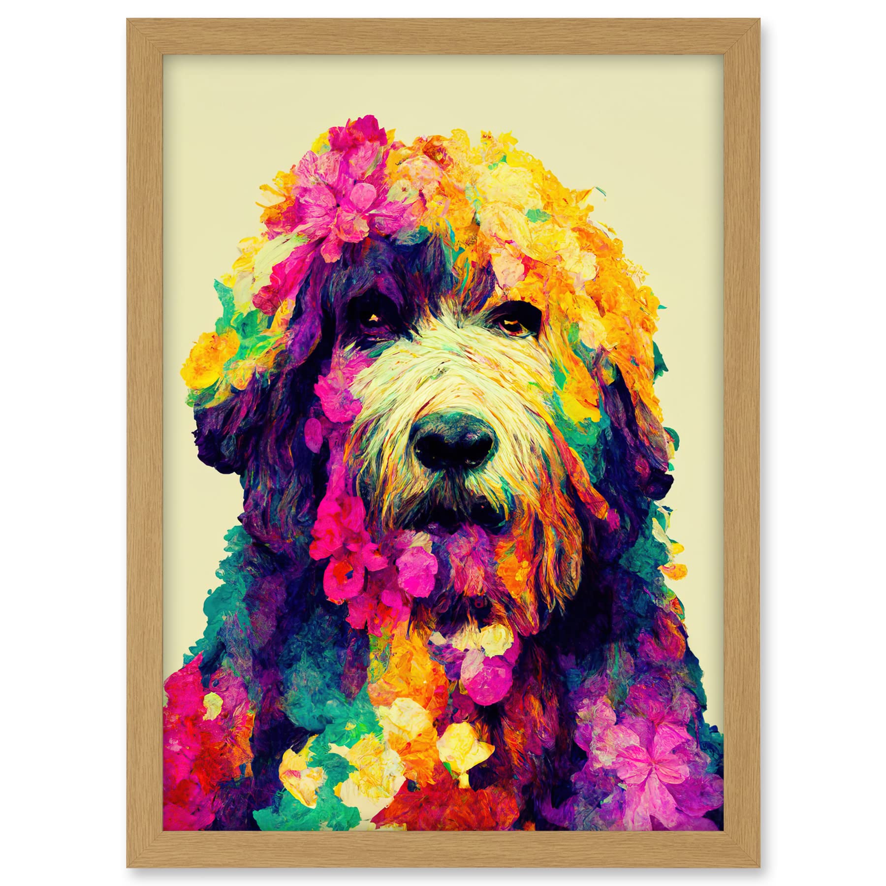 Wee Blue Coo Colourful Vibrant Floral Labradoodle Dog Abstract Portrait Artwork Framed A3 Wall Art Print