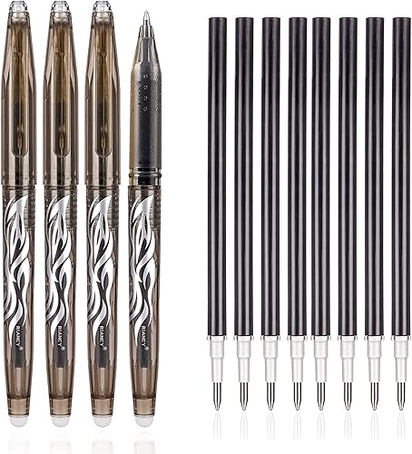 Bolígrafos de gel borrables, punta fina, tinta negra, paquete de (4 bolígrafos negros + 8 repuestos) de tinta negra de 0.028 in para completar