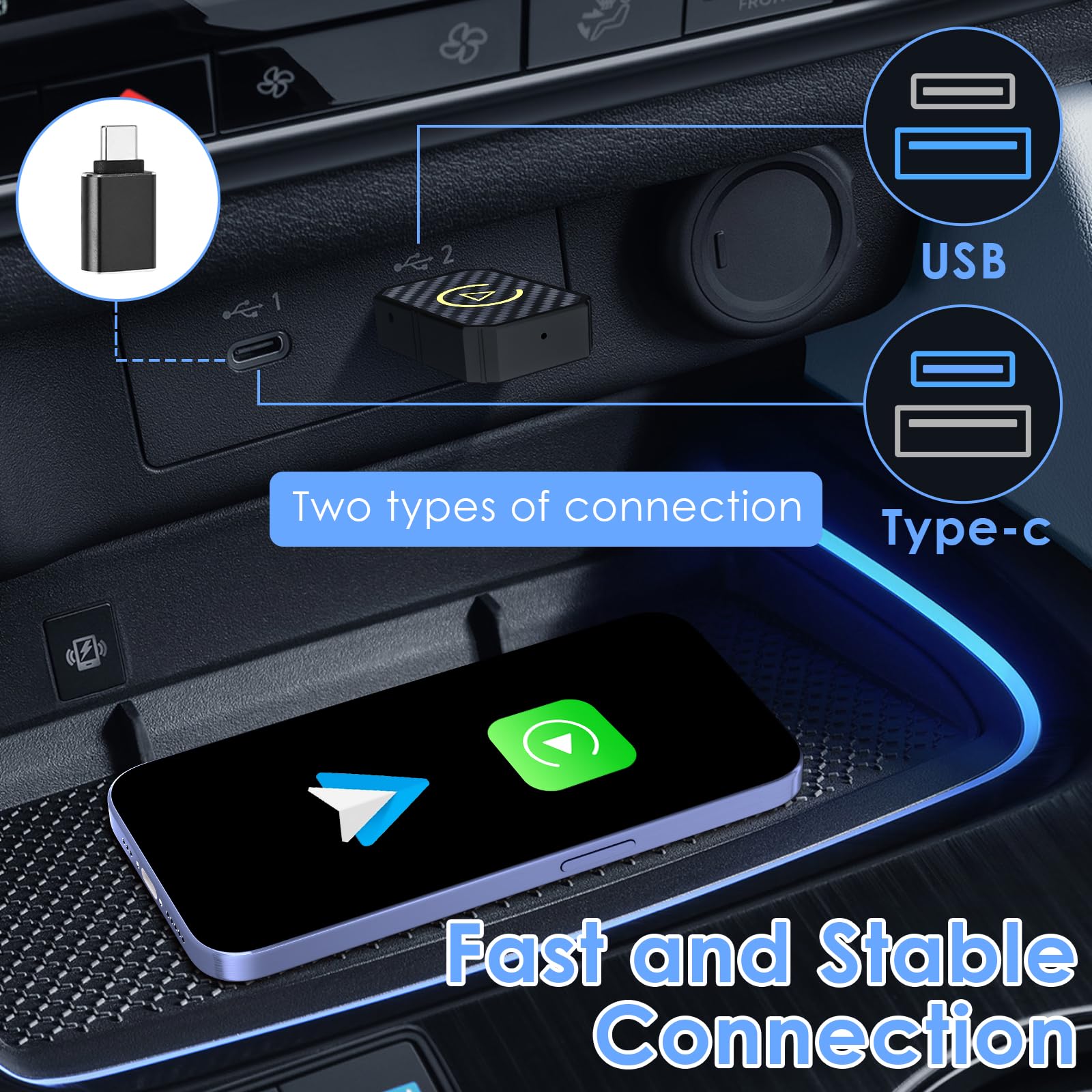 Adaptador inalámbrico para Android Auto & Carplay, Dispositivo inalámbrico 2 en 1 Que Convierte Android Auto/Carplay con Cable en inalámbrico para automóviles con AA y Carplay, USB C/A