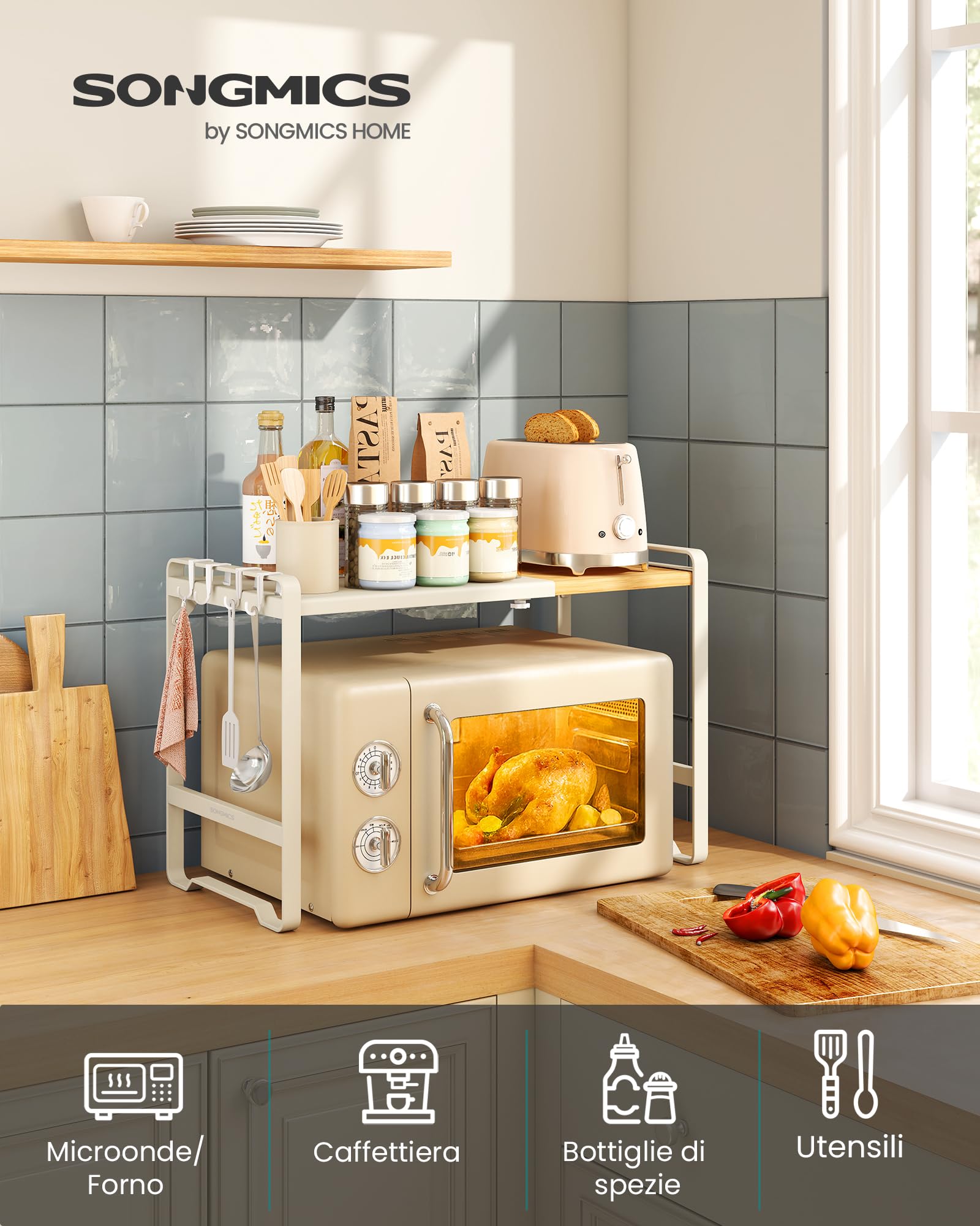 SONGMICS Mensola Microonde Estensibile, Scaffale Supporto Forno a Microonde, Larghezza Regolabile da 41,5 a 64 cm, Cucina, Acciaio e Bambù, 4 Ganci, Bianco Crema e Bambù Chiaro KCS060W01