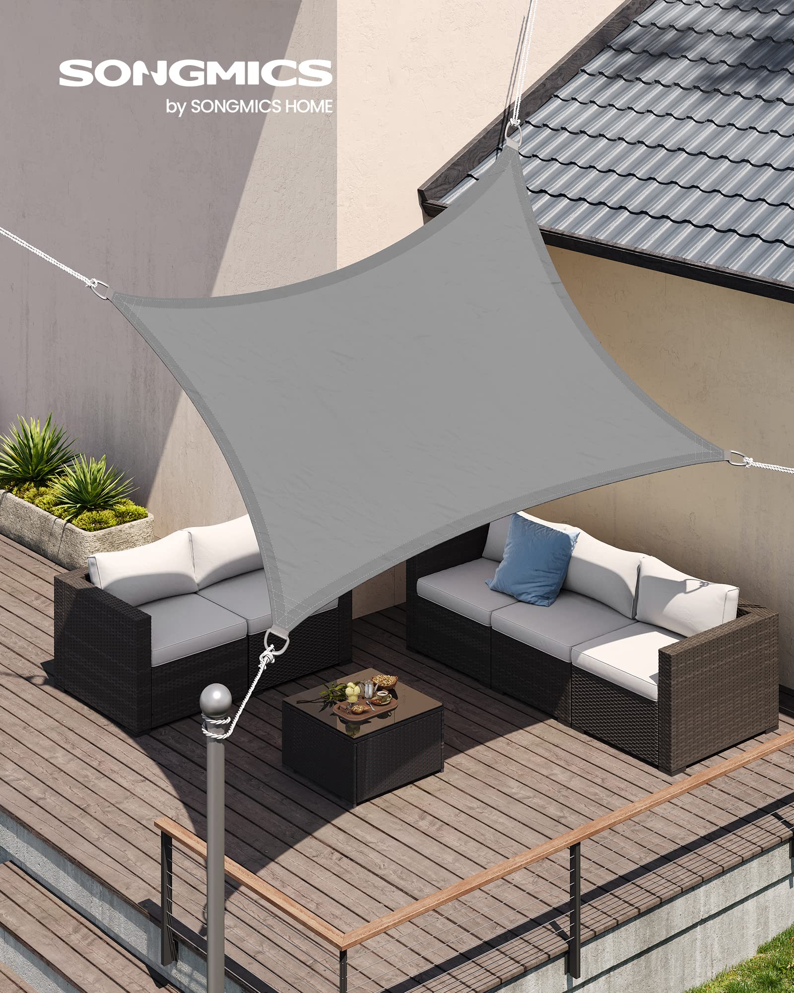 SONGMICS Sonnensegel 2 x 3 m, wasserfest mit Einer Wassersäule von 665 mm, Sonnenschutz aus reißfestem Polyester, UV-Schutz 93%, Terrasse, Garten, Balkon, rechteckig, 2 m Seile, hellgrau GSH23QY