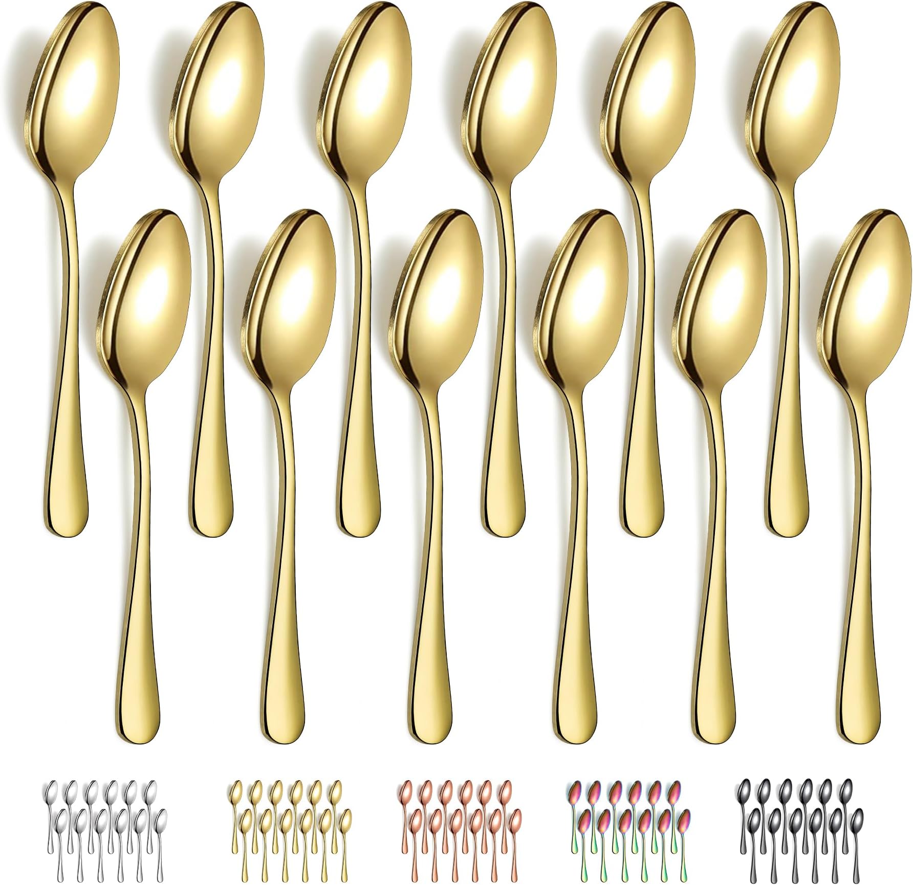 Evanda Gold Dinner Spoons 12 Pieces, Gold Titanium Plating Stainless Steel 18.5cm Spoons, Dessert Spoons, Table Spoon, Soup Spoons, Easy To Clean, Dishwasher Safe
