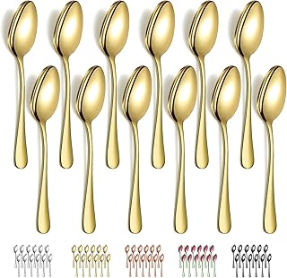 Evanda Gold Dinner Spoons 12 Pieces, Gold Titanium Plating Stainless Steel 7.28inch Spoons, Dessert Spoons, Table Spoon, Soup Spoons, Easy To Clean, Dishwasher Safe
