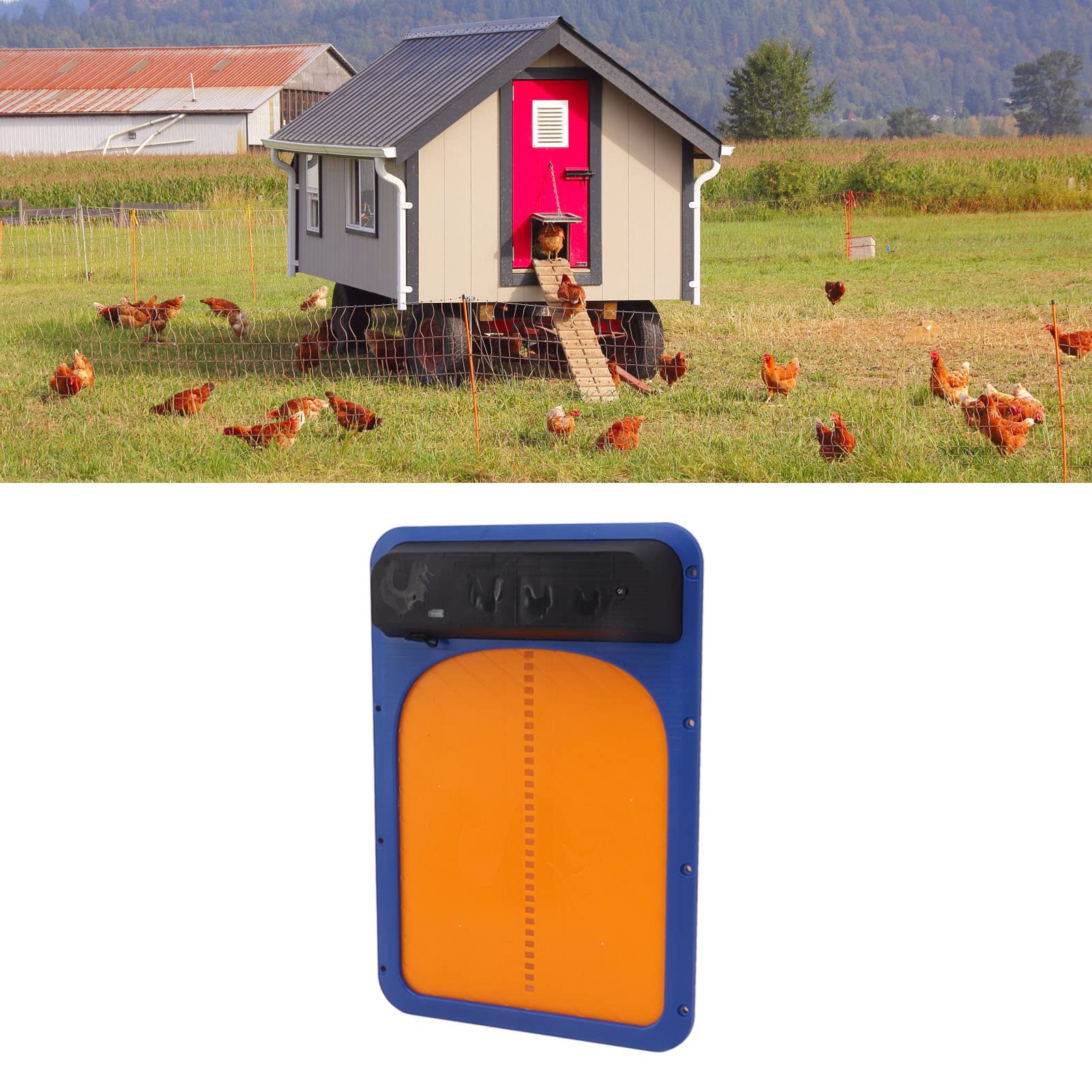 Puerta automática de gallinero con energía solar, abridor automático de puerta de pollo con sensor de luz y panel solar, puerta automática de gallinero con pilas para aves de corral (azul amarillo)