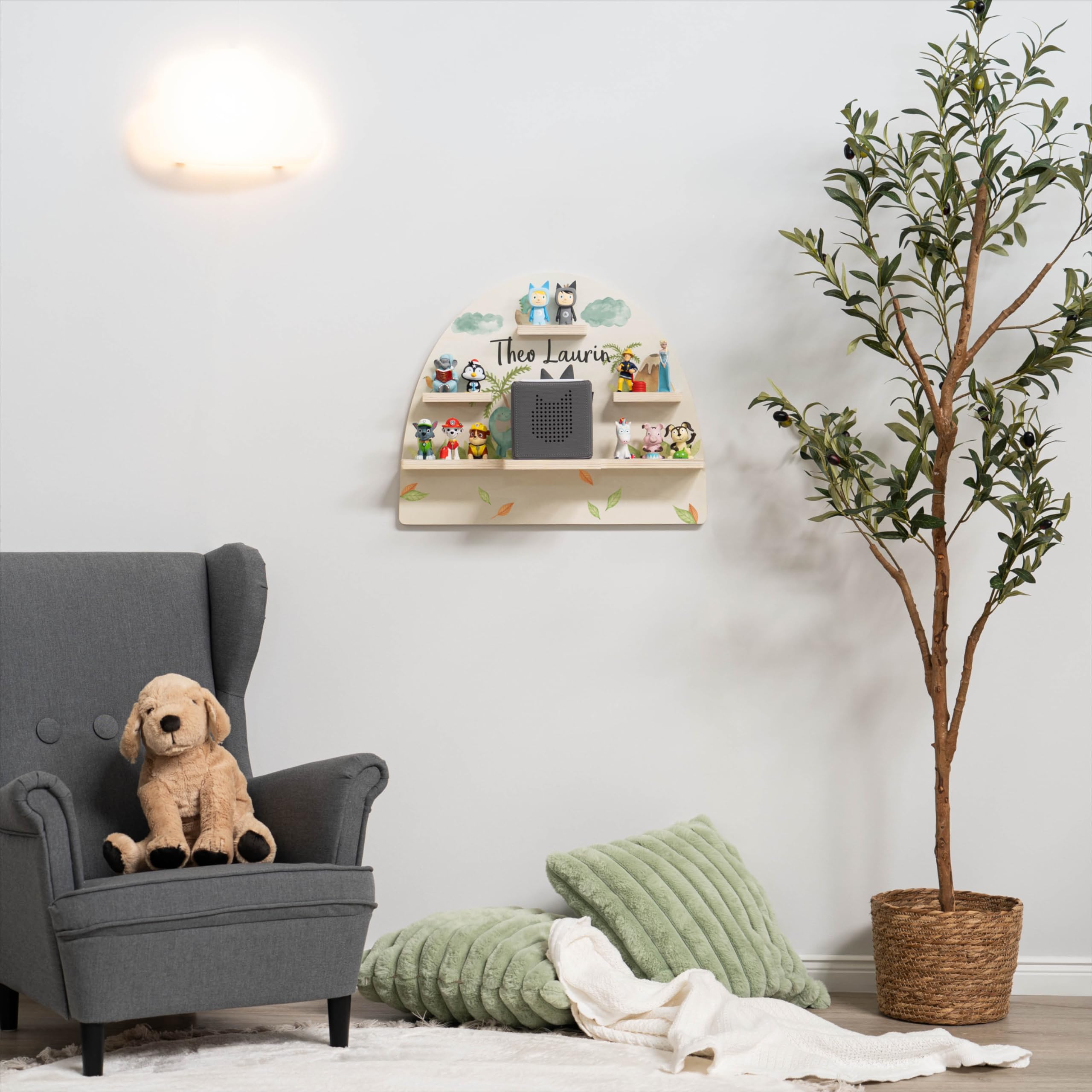Geschenkfreude Personalisiertes Toniebox Regal für Kinderzimmer - Kinder Wandregal für Tonie Hörfiguren - Magnetisches Tonie Wandregal zur aufbewahrung von Tonieboxen und Figuren – Dino