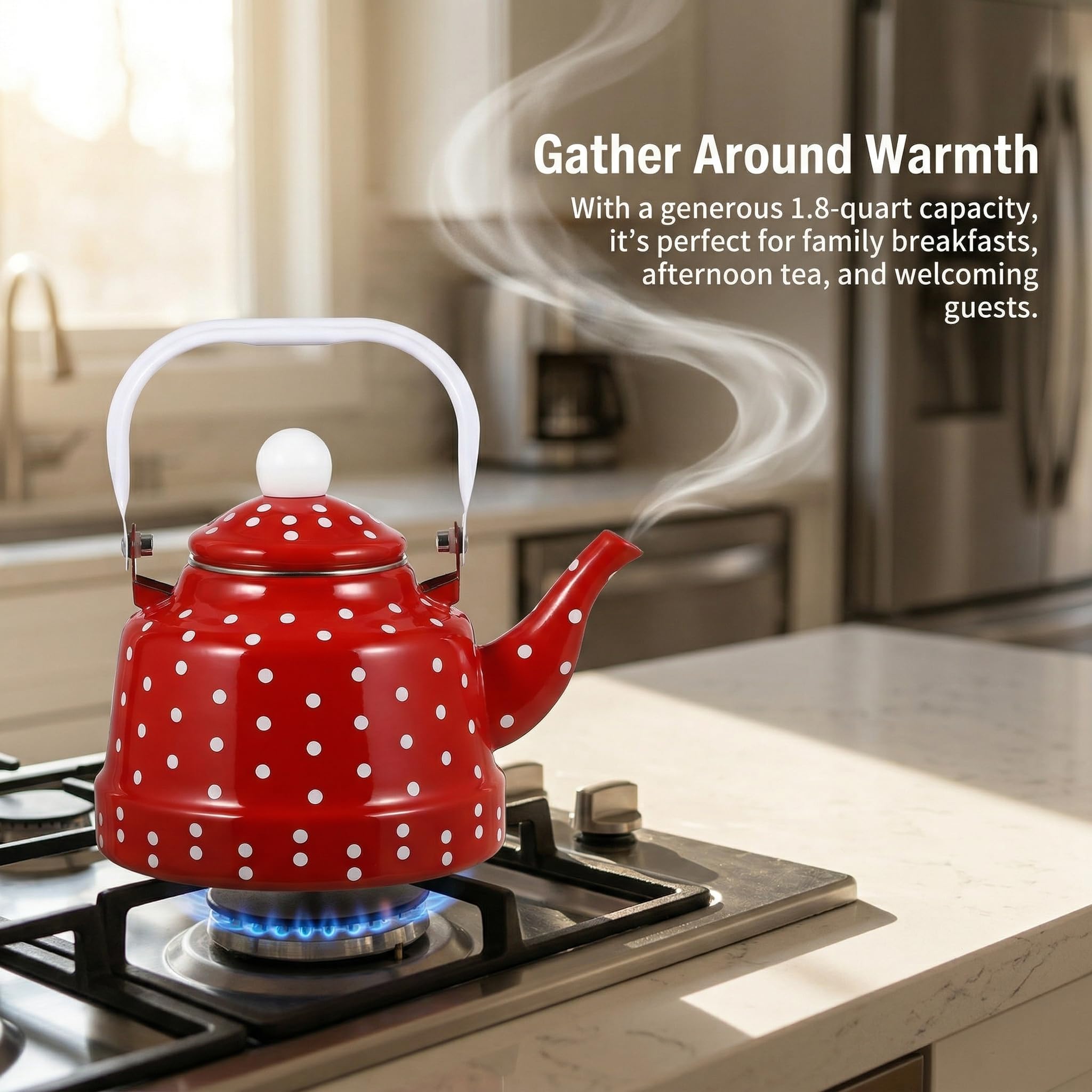 Red Enamel Tea Kettle - 1.8 qt Stovetop Kettle -2