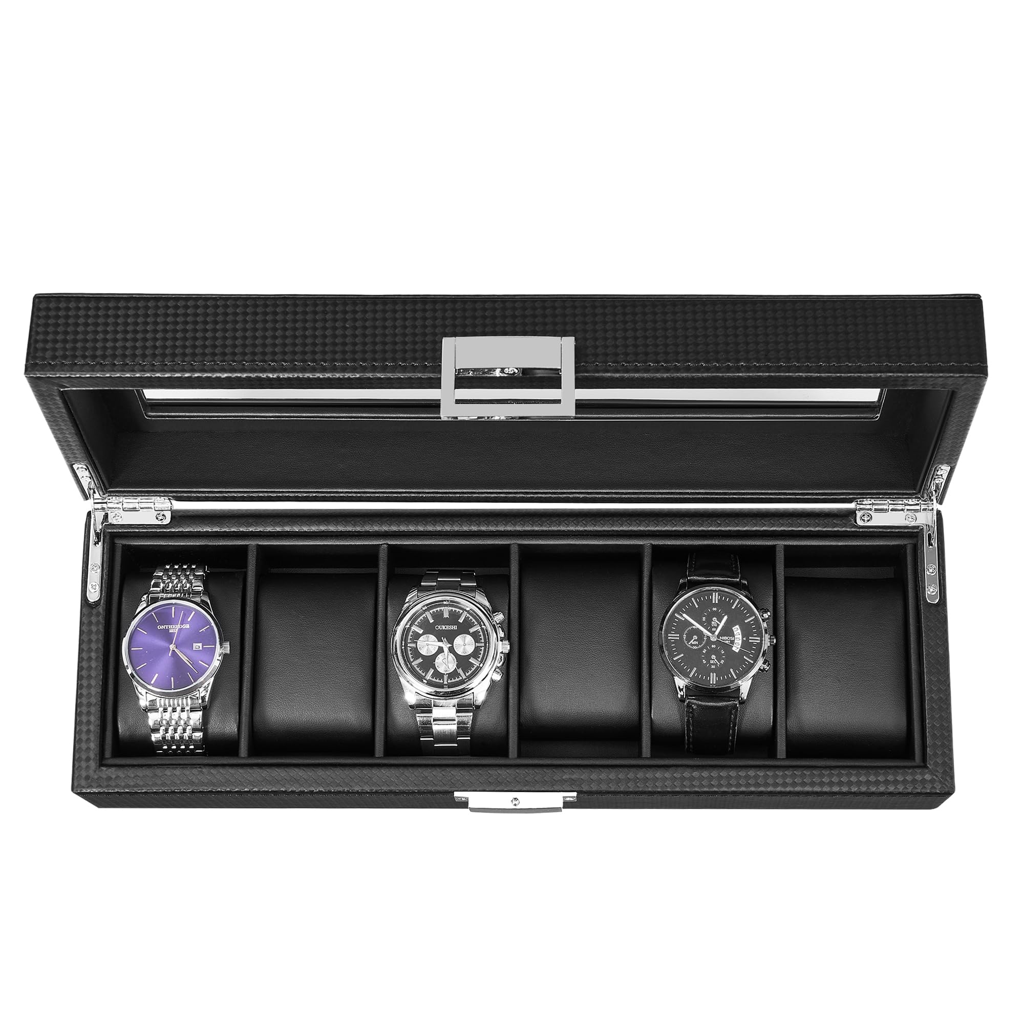 BEWISHOMEBEWISHOME Watch Box for Men - 6 Slot Watch Organizer, Watch Case,Carbon Fiber Design,Real Glass Top, Smooth Faux Leather Interior,Black SSH13C