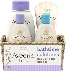 Aveeno Baby Bathtime Solutions Baby &amp; Me Gift Set with Baby Wash &amp; Shampoo, Calming Baby Bath, Baby Daily Moisturizing Lotion &amp; Stress Relief Body Wash for Mom, Oatmeal, 4 Items
