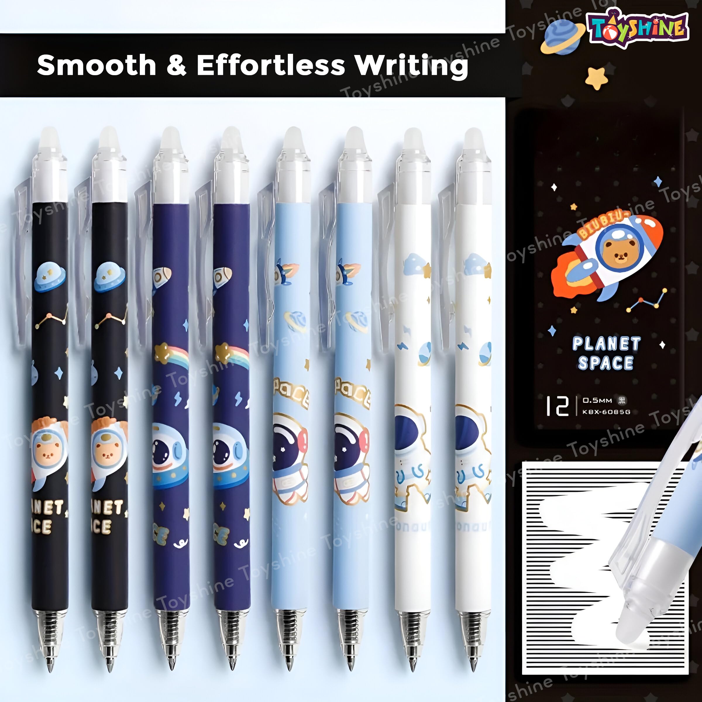 Toyshine 12 Pc Astronaut Theme Stylish Retractable 0.5mm Erasable Gel Pen, Blue Ink | Smooth Writing | Refillable Gel Pen | Kawaii Stationery for Kids Birthday Party Return Gift 1