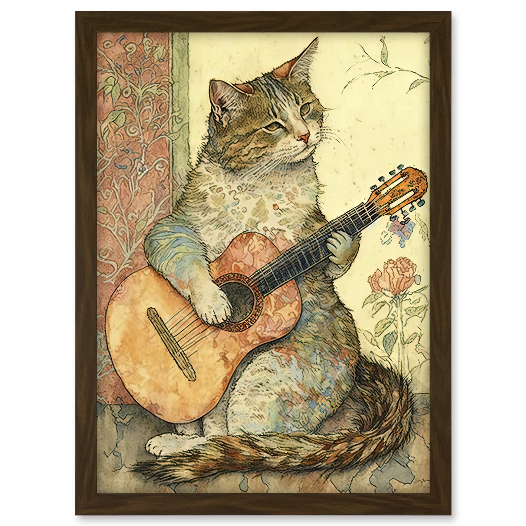 Artery8 Street Musician Cat with Guitar by Flower Pattern Mural Pastel Watercolour Illustration Artwork Framed A3 Wall Art Print