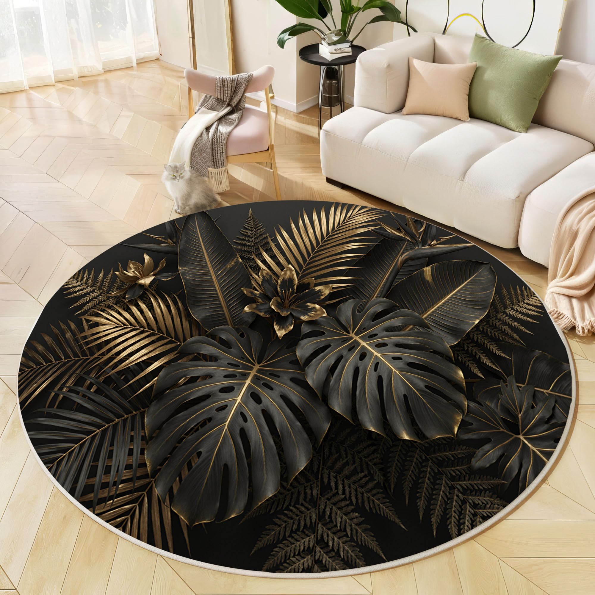 Tapis Rond Doux Plantes Tropicales Noir Charbon 80cm Lavable