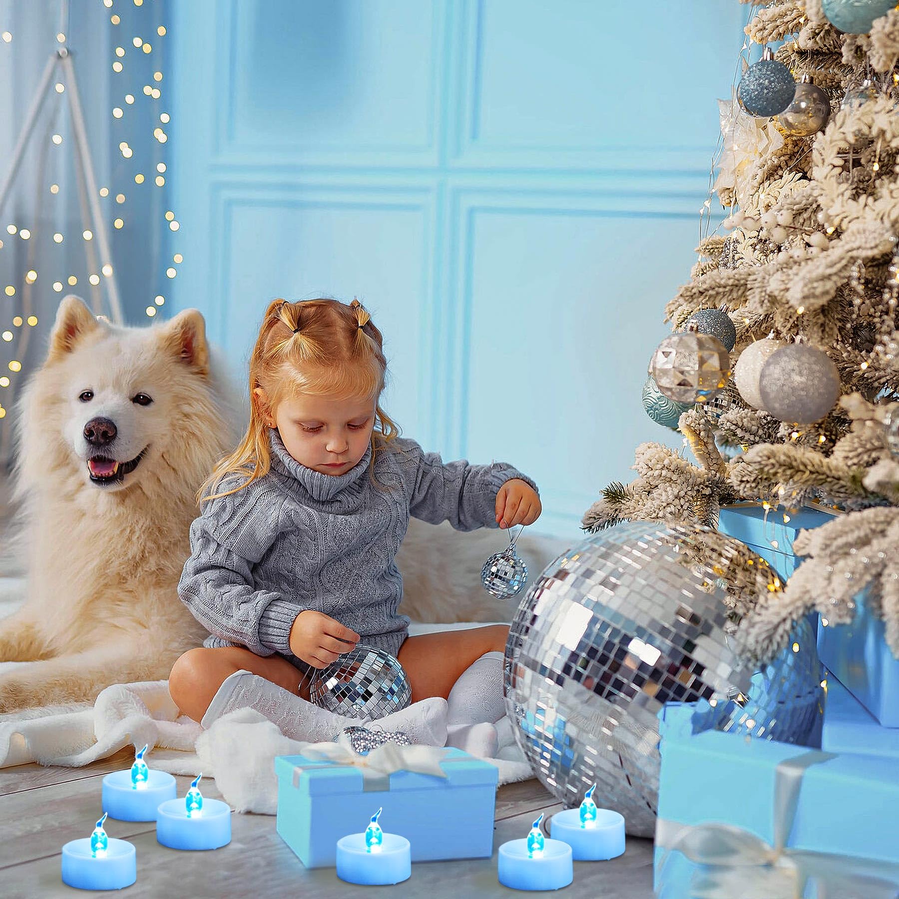 Lot de 24 bougies chauffe-plat à LED bleues à piles, sans flamme vacillante, bougies chauffe-plat électriques en vrac pour mariage, fête bleue, Halloween, décorations de Noël