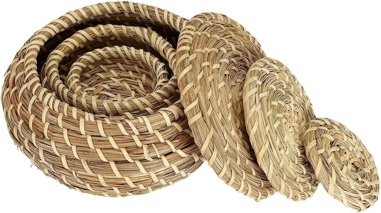 Dicunoy Set of 3 Small Wicker Basket with Lid, Round Woven Seagrass Baskets, Little Handmade Rattan Storage Basket Box for Shelf, Home, Bathroom Decor