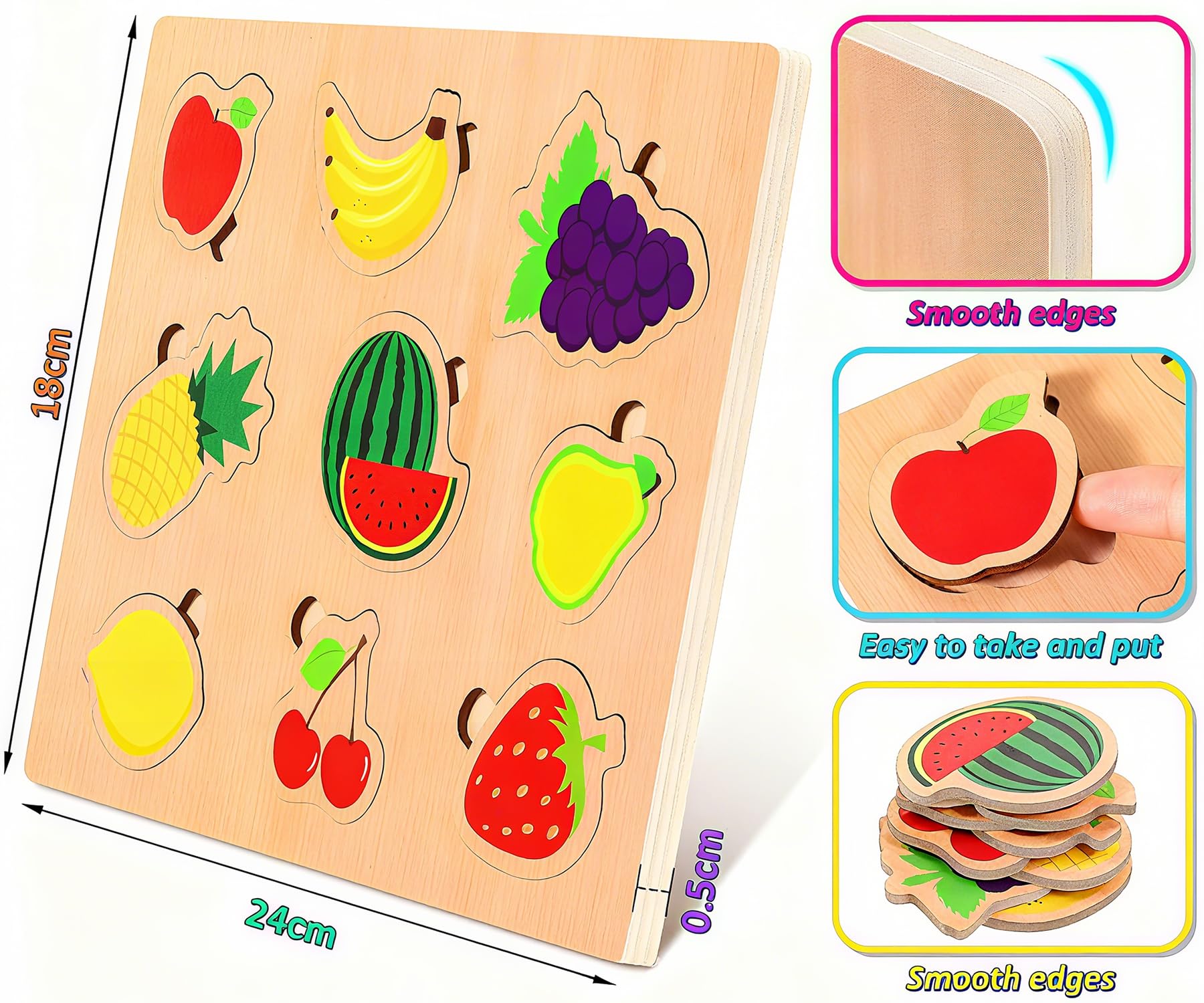 lenbest Zestaw 6 drewnianych puzzli dla dzieci, zabawka Montessori, alfabet zwierzęcy, cyfry, pojazdy, owoce, drewniane zabawki edukacyjne, zabawka dla dzieci w wieku 2-3 lat, prezenty