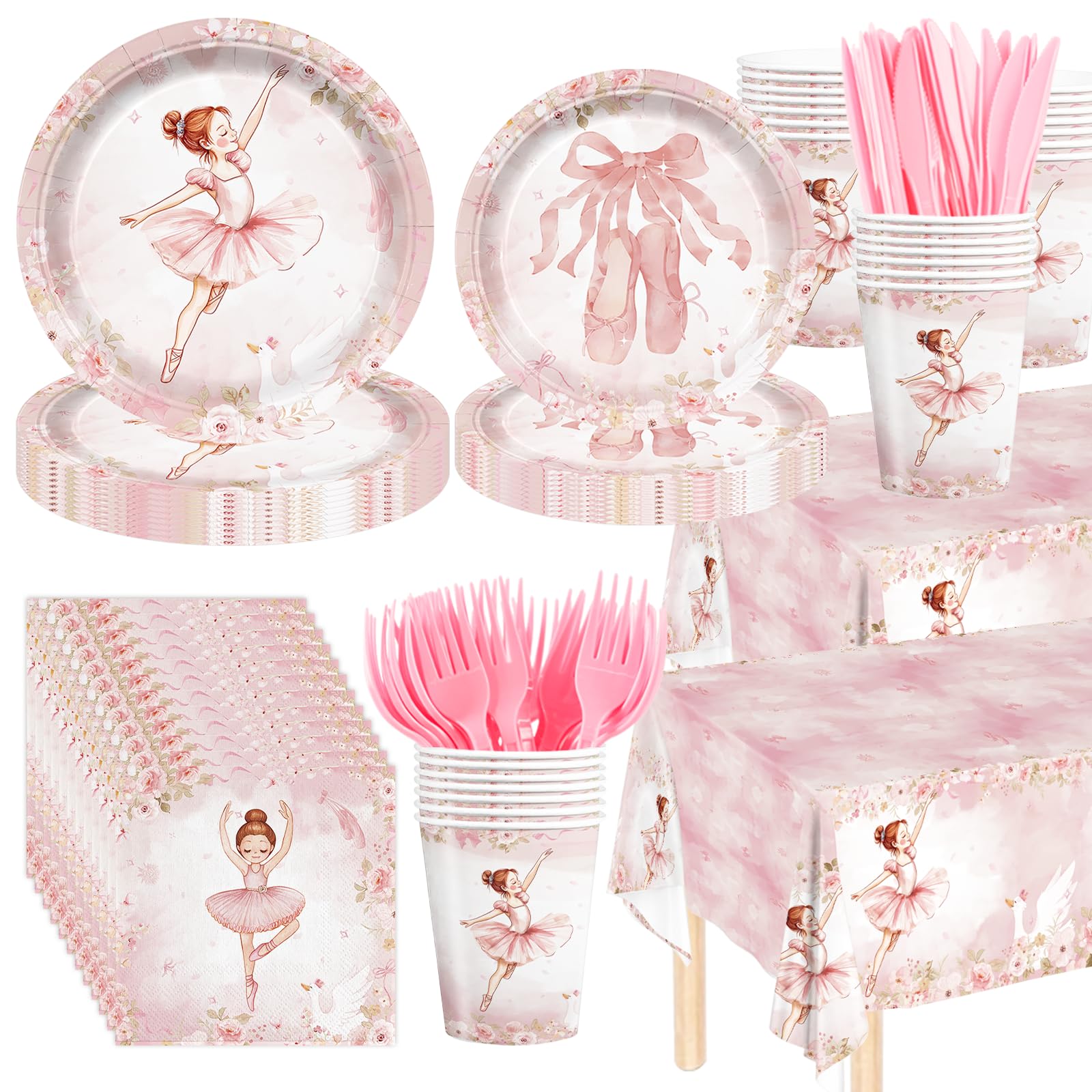 146Pcs Ballerina Birthday Party Supplies Tableware Plates Napkins Cups Cutlery and Tablecloth Ballet Birthday Party Decoration for 24 Guests