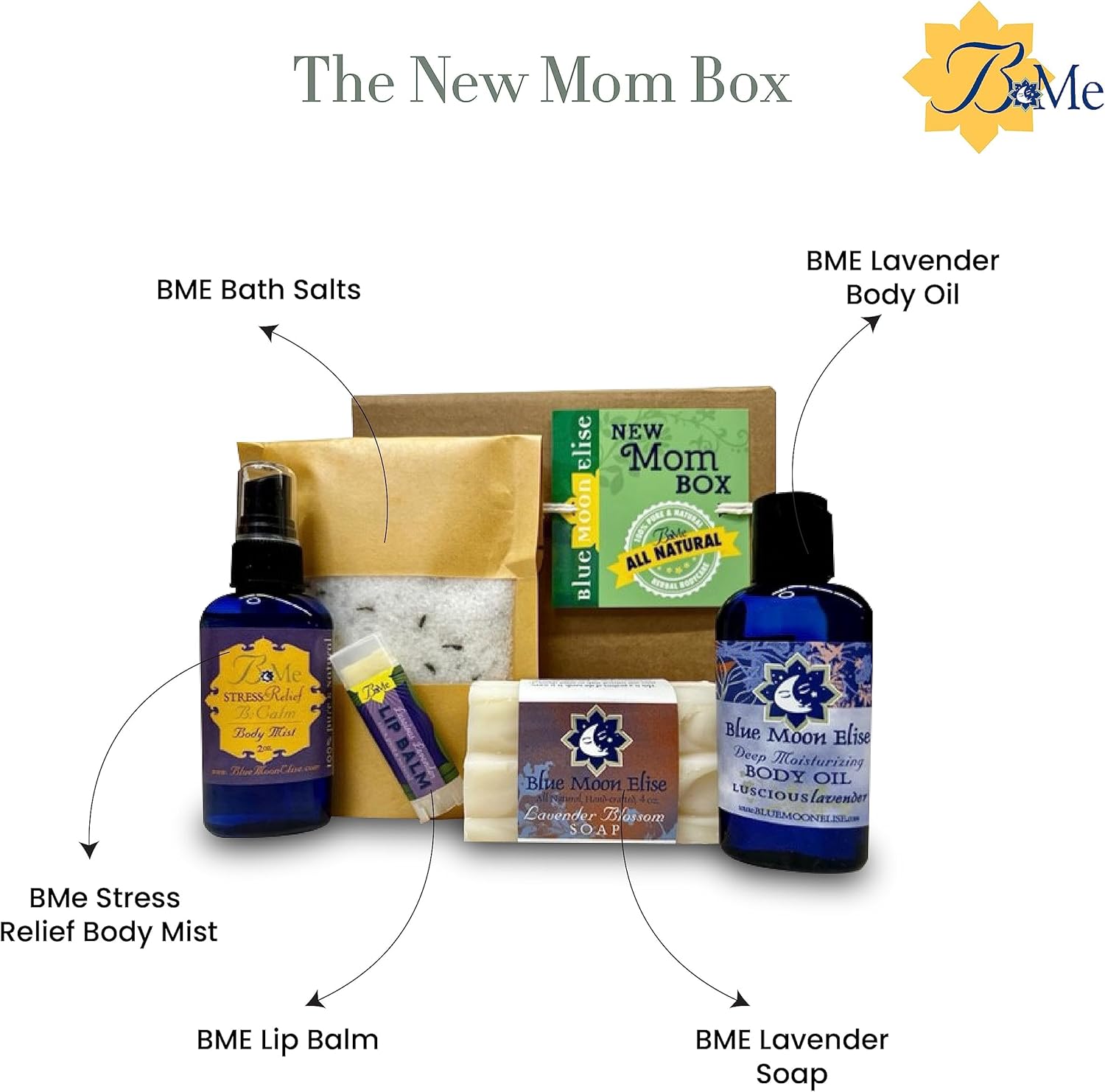 Blue Moon Elise New Mom Box, Natural Lavender Bath and Body Spa Gift Baskets for Women, New Mom Gifts for Women, Made from Pure Lavender Essential Oils, Safe for Use on Babies