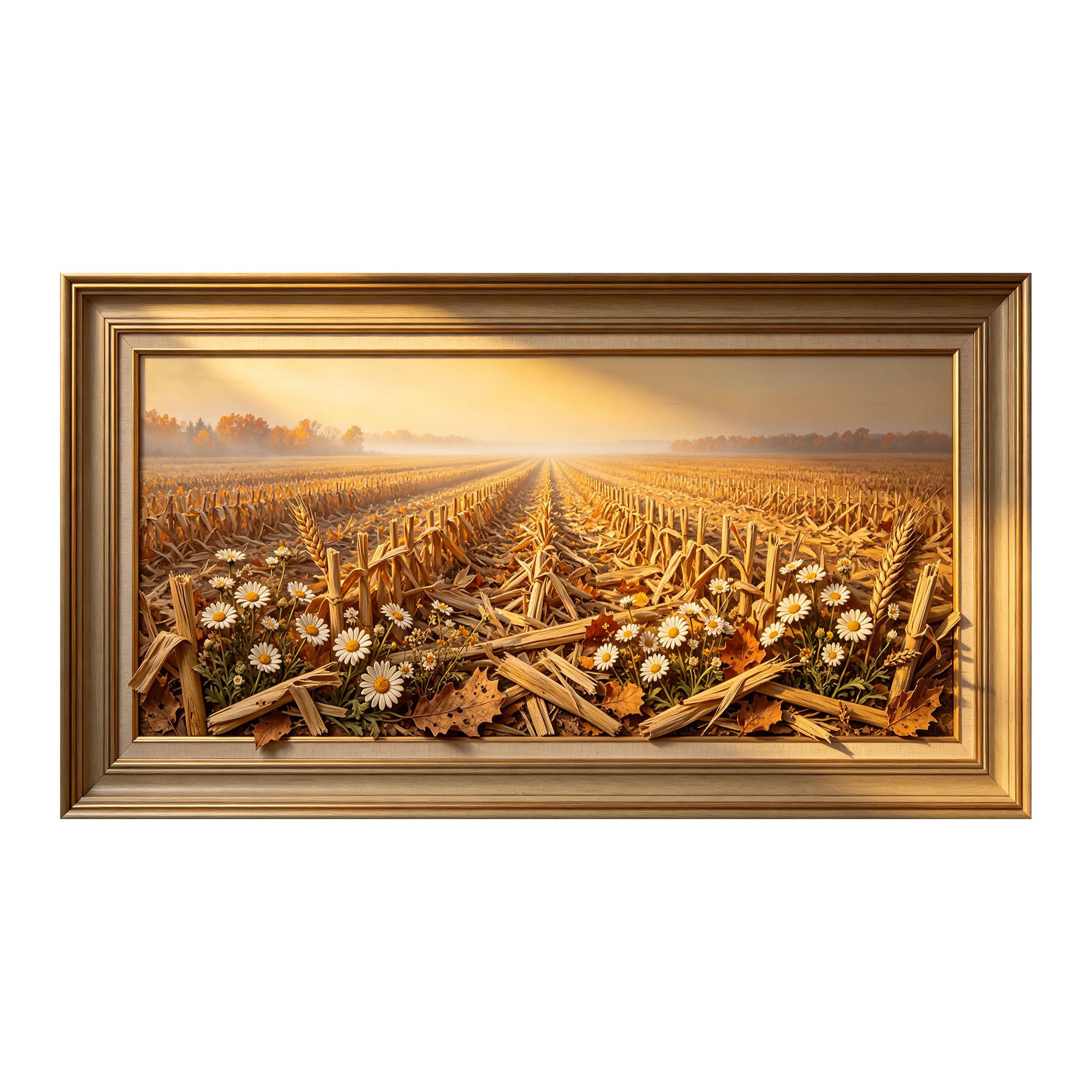 Yzpallescene 3D Framed Wall Art 50cm×100cm Golden Harvest Meadow Sunset Farmhouse Realistic Mural Style Large Size SelfAdhesive Removable Wall Decor Prints Artwork for Living Room Bedroom Office