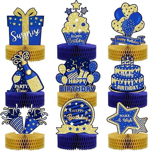 9 piezas de decoración de mesa de cumpleaños de color azul y dorado, centros de mesa de nido de abeja con purpurina, decoraciones de fiesta azul y