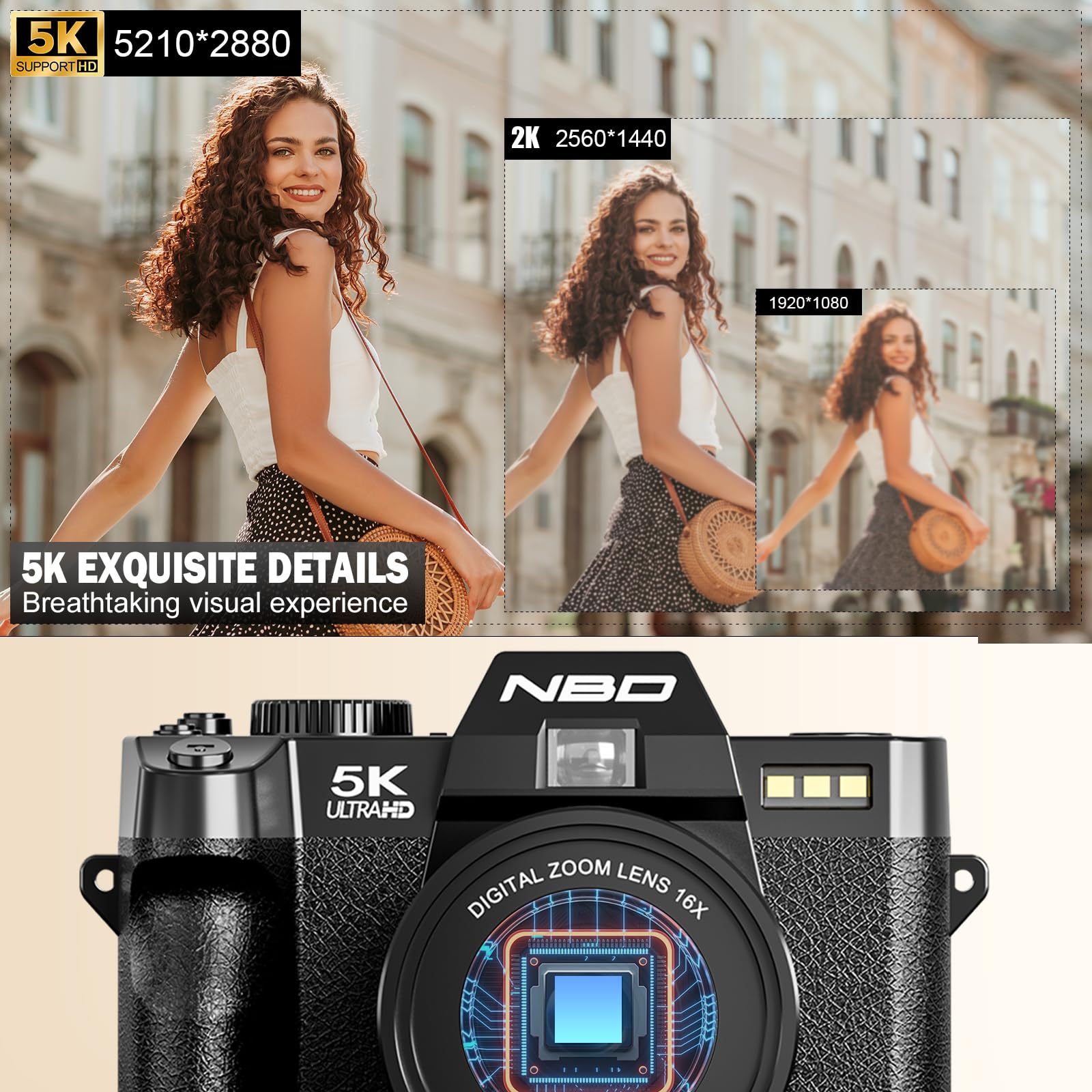 NBD 5K Digital Cameras for Photography - 16X Zoom Travel Camera with 180° Flip Screen, 64MP Vlogging Cameras Fotograficas for YouTube, Auto Focus, Macro Lens, 2 Batteries & 64GB TF Card（Black）