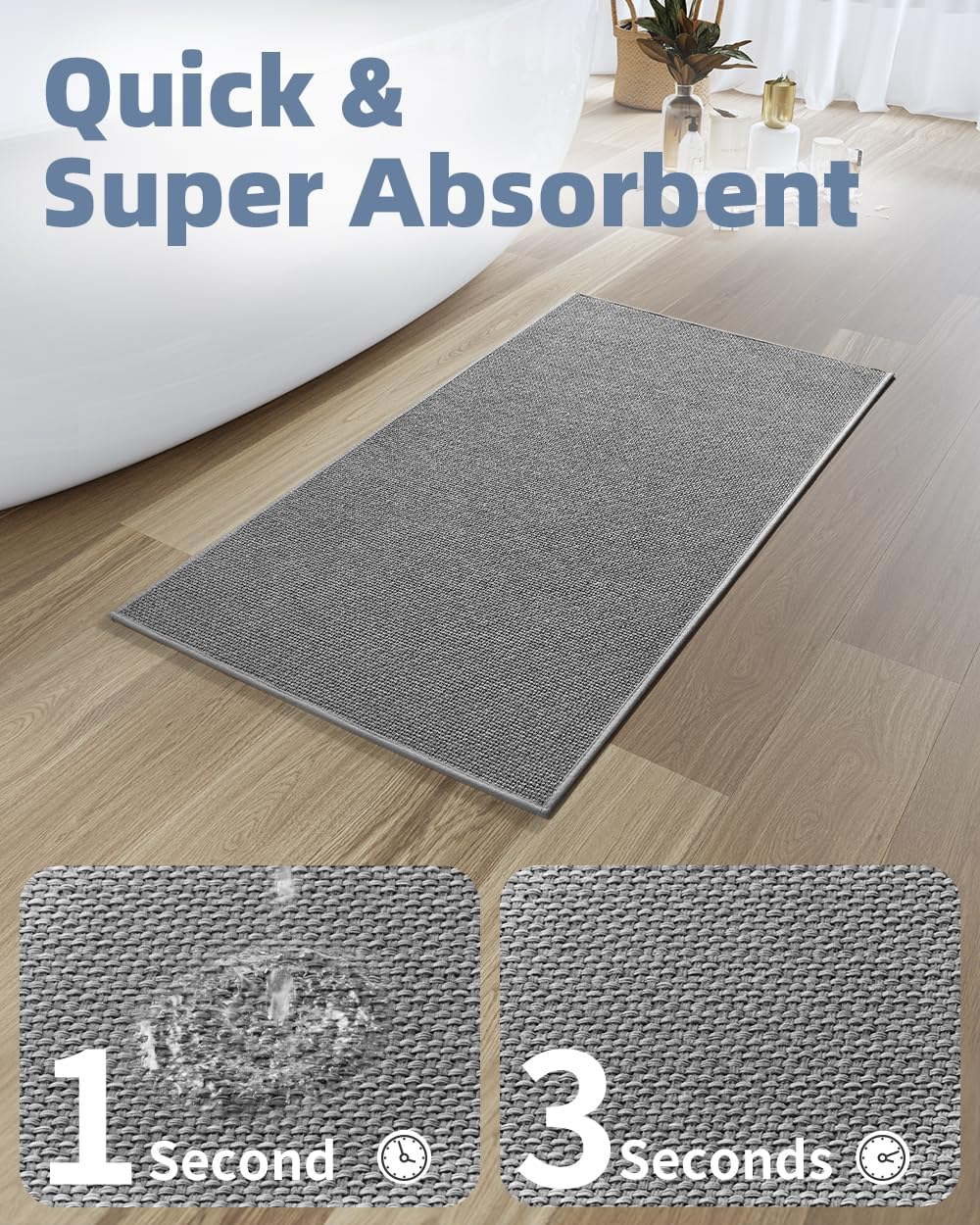 PADOOR Non-Slip Bath-Mats for Bathroom, Rubber-Backing Braided Absorbent Bathroom Mat Machine Washable Thin Bathroom Rugs Fit Under Door Quick Dry Bath Rugs for Floor, 17''x24'' Grey - Image 3