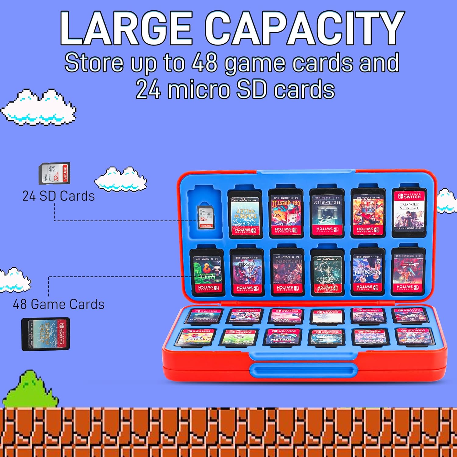 RHOTALL Game Card Case for Nintendo Switch/OLED/Lite/2 , Storage Card Box with 48 Game Cards Cartridge and 24 SD Cards Slots, Switch Games Holder with Magnetic Design - for red and blue