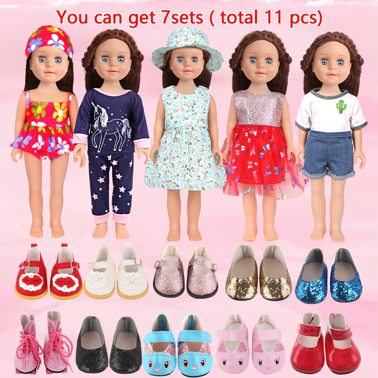 14 Pcs 18 Inch Doll Accessories,5 Sets Clothes and 2 Pairs of Doll Shoes (Send by Random) for 18 Inch American Doll, Best Birthday Festivals for Kid, Gril -2