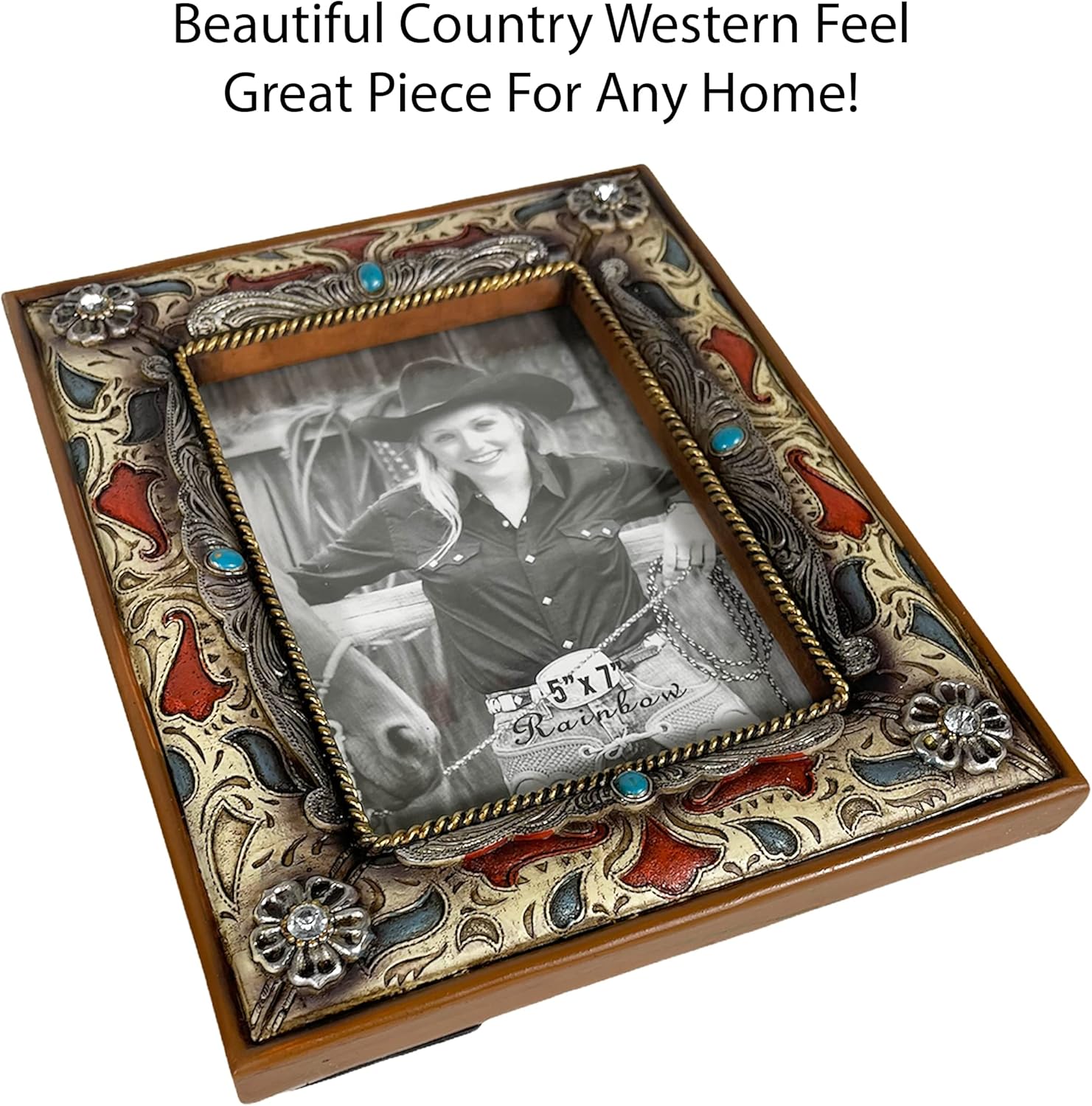 Urbalabs Cowboy Fancy Red and Gem Western Decor Picture Frame 5 x 7 Country Gifts Farmhouse Picture Frames Photo Frame Wall Hanging or Standing 5x7 Elaborate Picture Frame