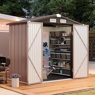 Aoxun 6x4ft Shed with Floor Heavy-Duty Galvanized Steel Outdoor Storage Shed with Double Doors, Ventilated Weatherproof Design for Bike/Generator/Tool Organization (Brown)