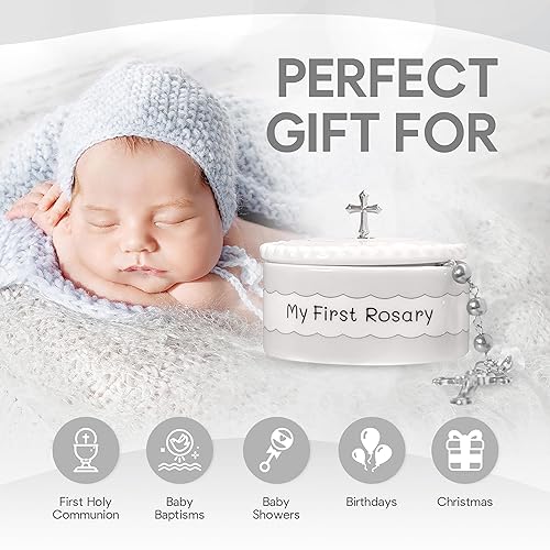 Miniatura 3 de White My First Rosario y caja de recuerdo, regalos de bautismo para niñas o niños, impresionantes regalos de primera comunión para niñas o regalo de