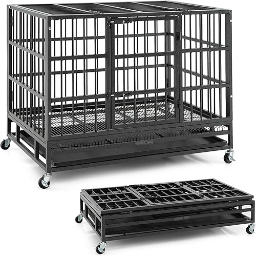 PETSITE Jaula plegable de metal para perros de 38 pulgadas, jaula resistente con 2 puertas con cerradura, bandeja extraíble, ruedas universales