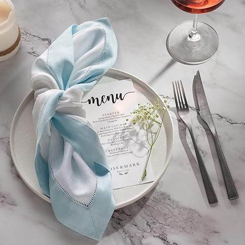 Miniatura 3 de Servilletas de lino de 20 x 20 pulgadas, 100% lino blanco y azul claro, juego de 4 servilletas de cena clásicas de vainica para decoración de