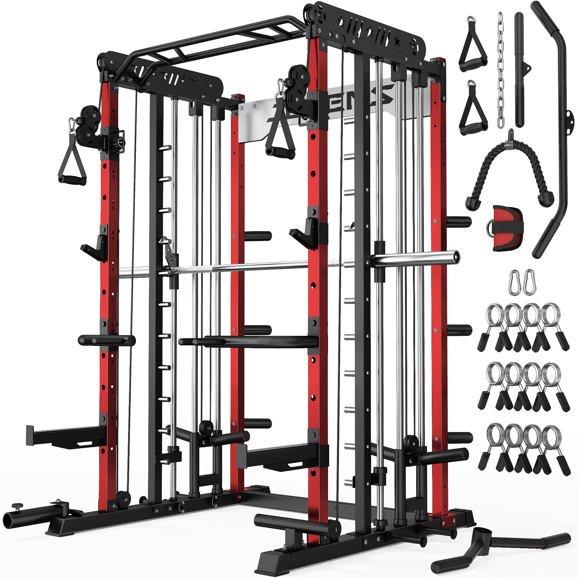 Smith Machine for Home Gym, Multi-Function M12 Power Cage with Cable Crossover System, Squat Rack with Smith Bar and More Attachment
