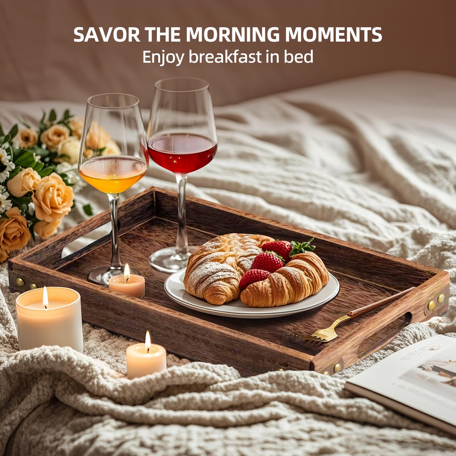Bandeja de servir de madera rústica de 18.1 pulgadas con asas, bandeja de desayuno, bandeja de madera decorativa para comer, trabajar, almacenar, utilizada en dormitorio, cocina, sala de estar, baño y
