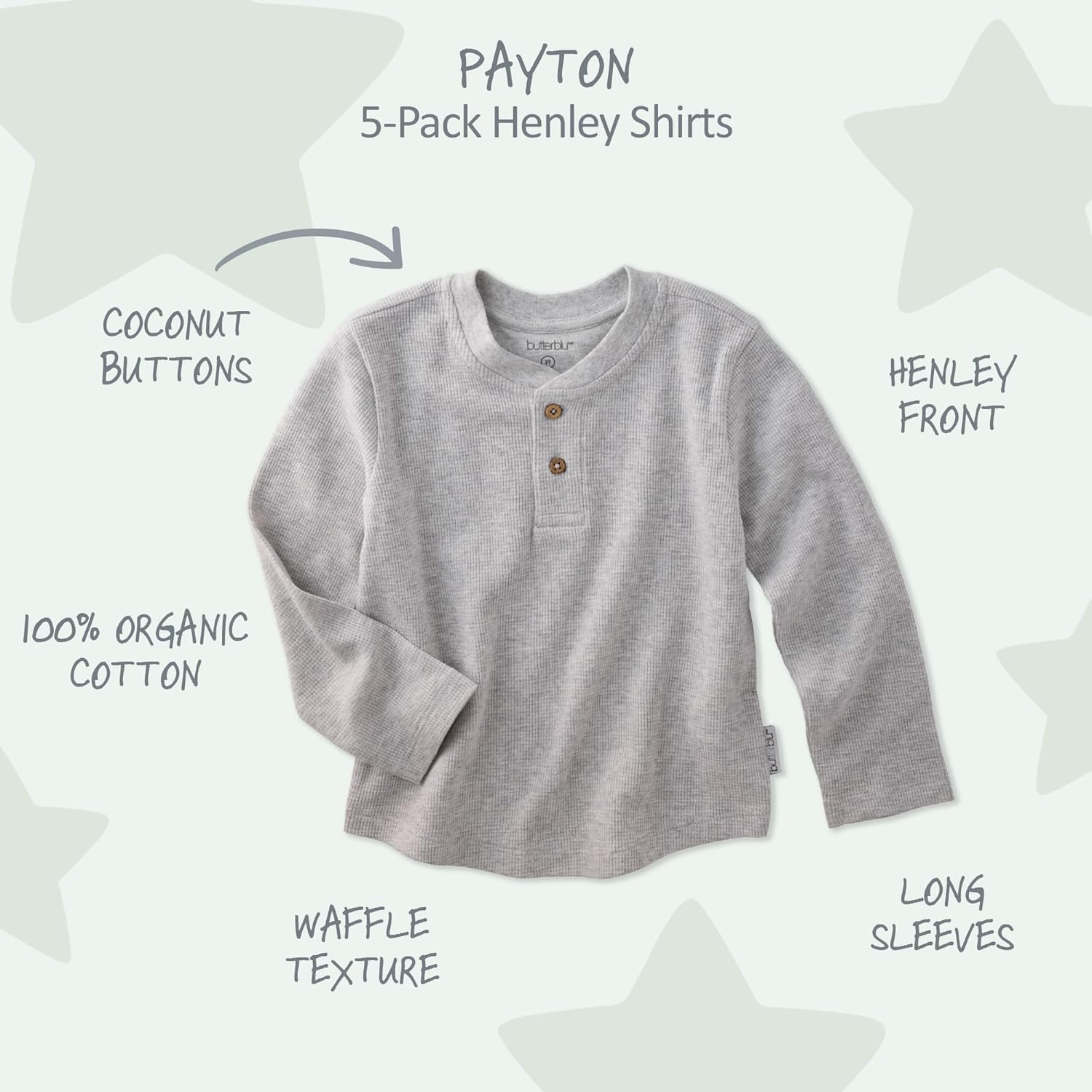 Unisex Baby Payton 5-Pack Long Sleeve Henley Shirts 100% Organic Cotton for Boys - Image 2