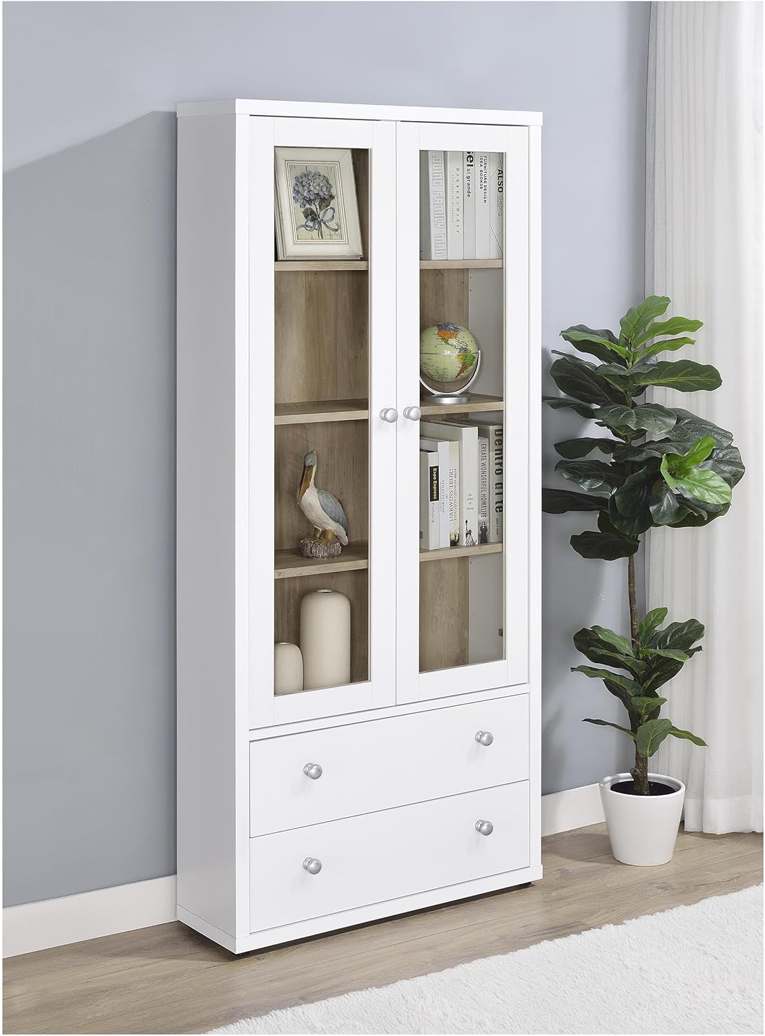 Coaster Home Furnishings - Hawthorne - 4-Shelf Tall Wood Accent Cabinet with Glass Doors, Drawers - Farmhouse Style - Living Room, Entryway & Home Kitchen - White - 953477