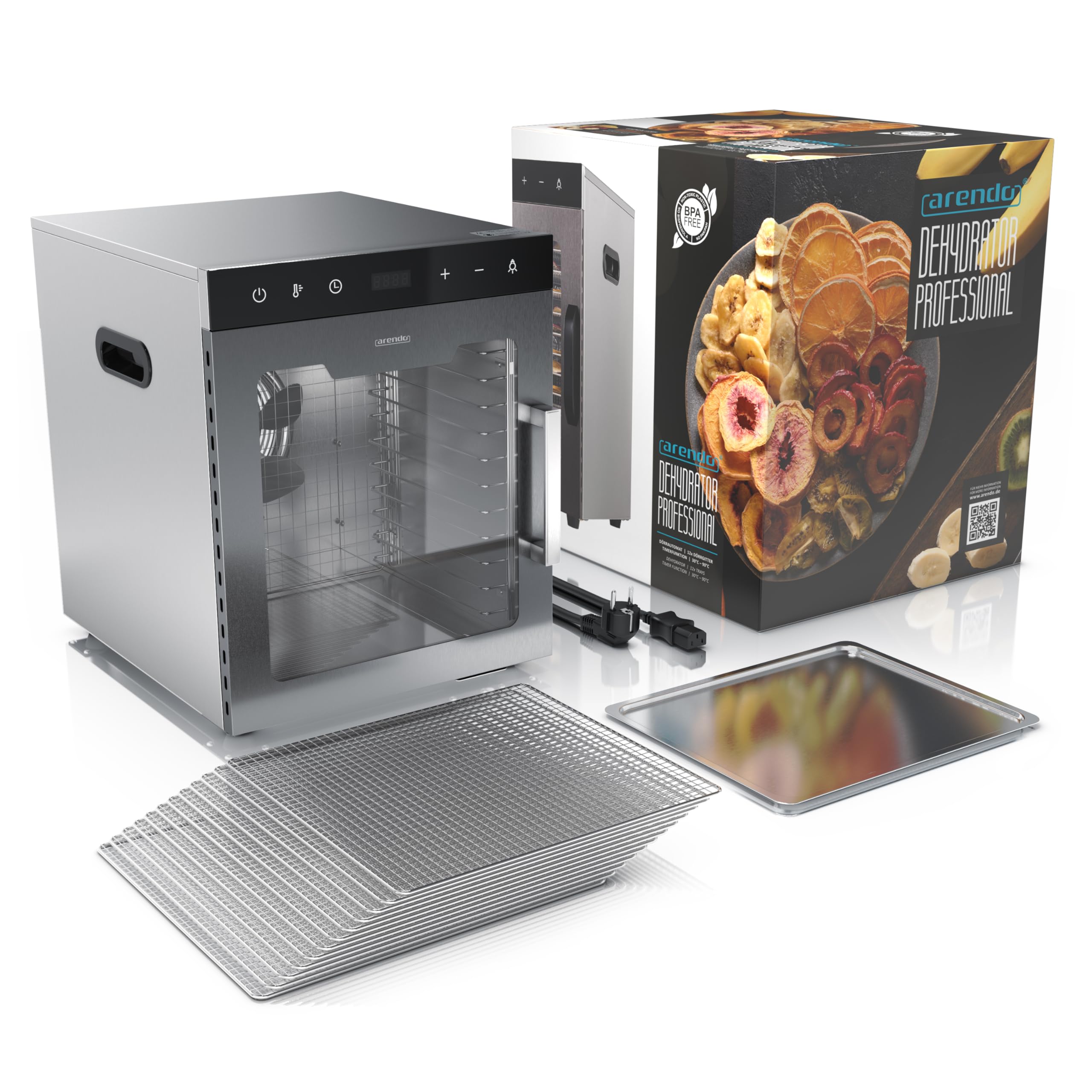 Arendo - Dörrautomat Edelstahl mit 12 Edelstahlgitter - 800 W - 30°- 90°C - 12 Edelstahl Einlegetabletts mit insgesamt 10.000 cm² - Dörrgerät Dehydrator Obsttrockner Dörrapparat - Obst Fleisch Pilze