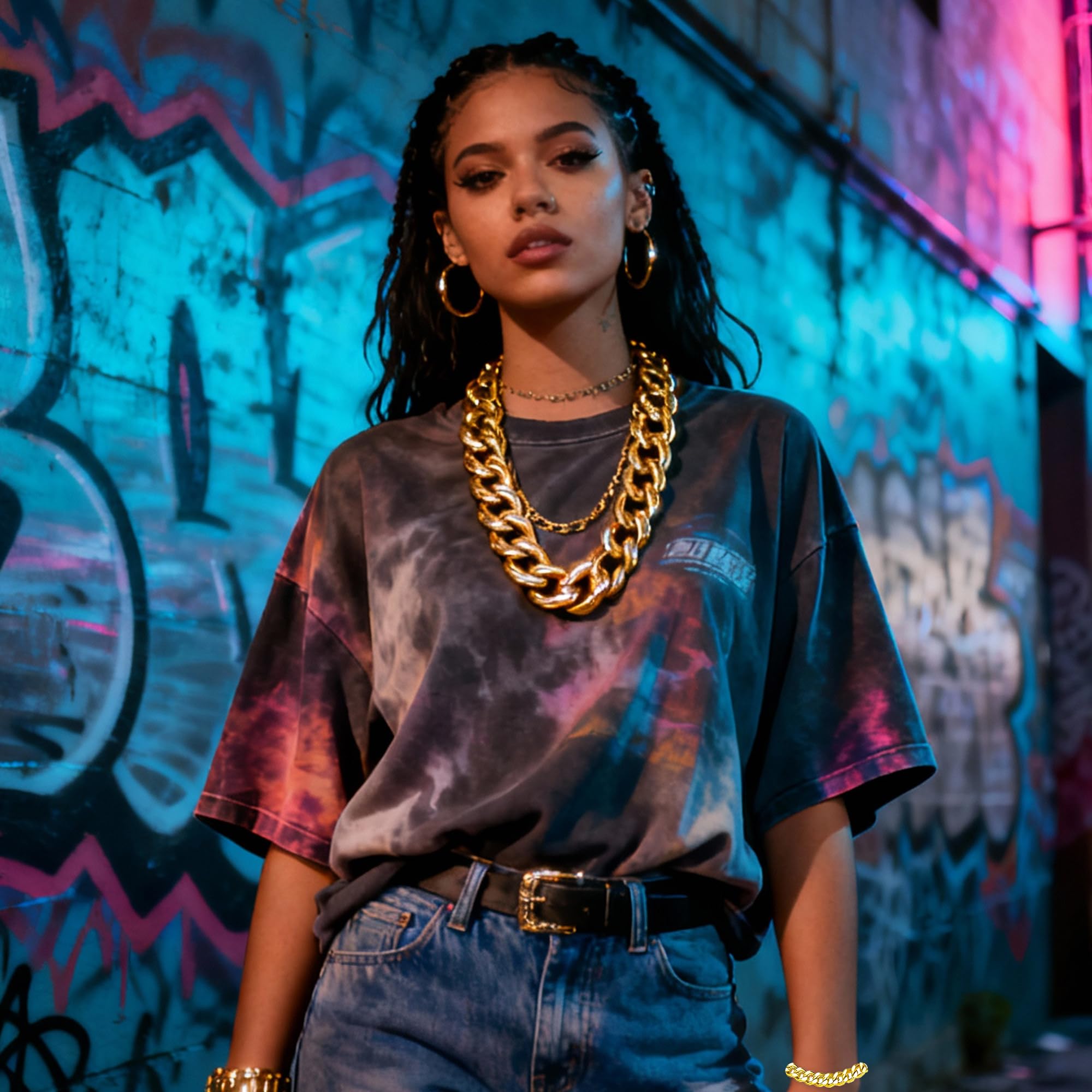 Jyeennar 10pcs 80s 90s Hip Hop Costume Set for Women & Men - Fake Gold Chain, Sunglasses, Rings & Bracelet Accessories Kit - Image 3