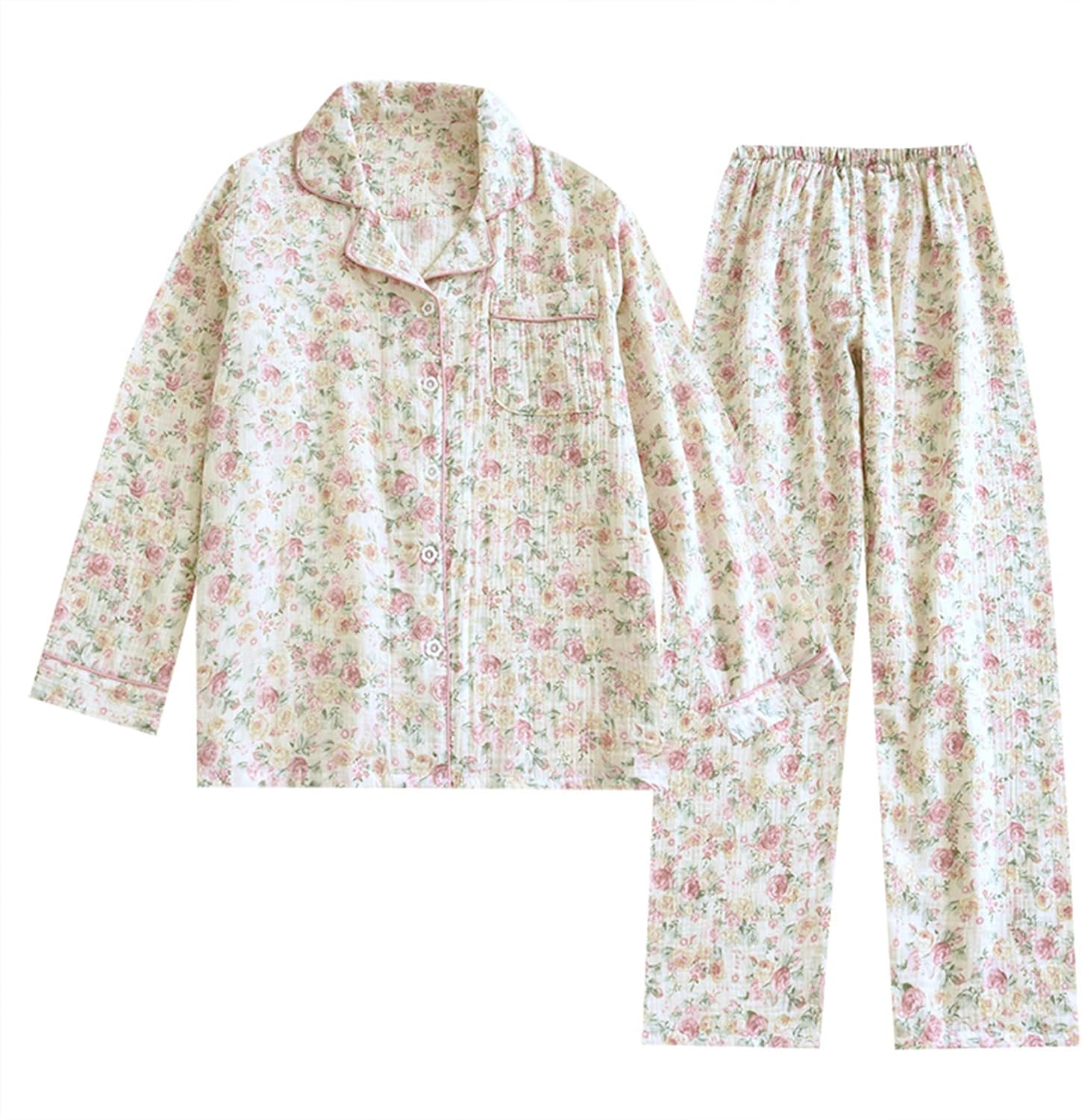 Womens Pajamas Set Floral Cotton Gauze Long Sleeve Shirts and Long Pj Pants Set 2 Piece Sweet Lounge Set