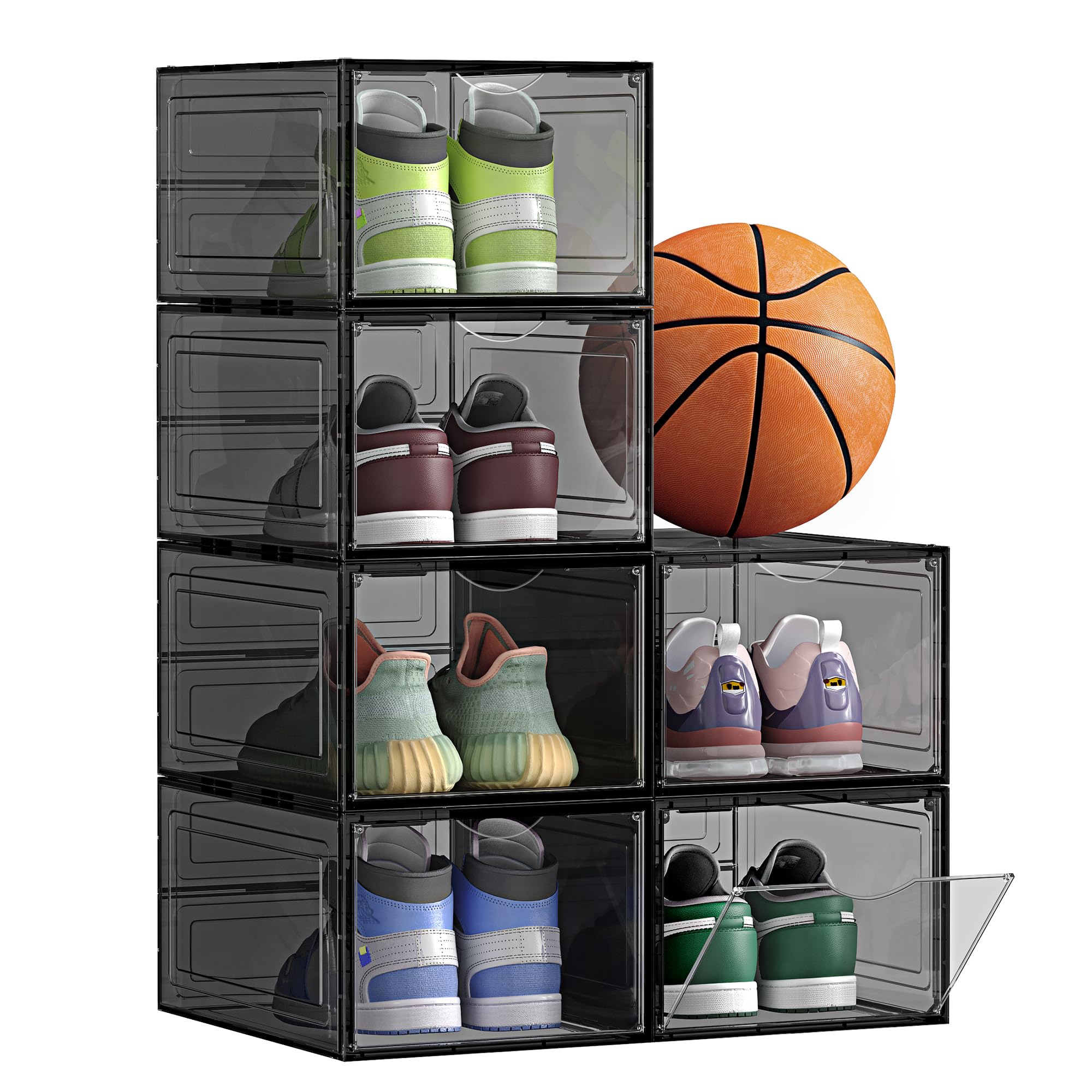 SONGMICS Shoe Boxes, Pack of 6, Organizers with Door, Plastic Shoe Storage, Stackable, Easy Assembly, 27 x 34.5 x 19 cm, Up to UK 10, Black LSP032B06