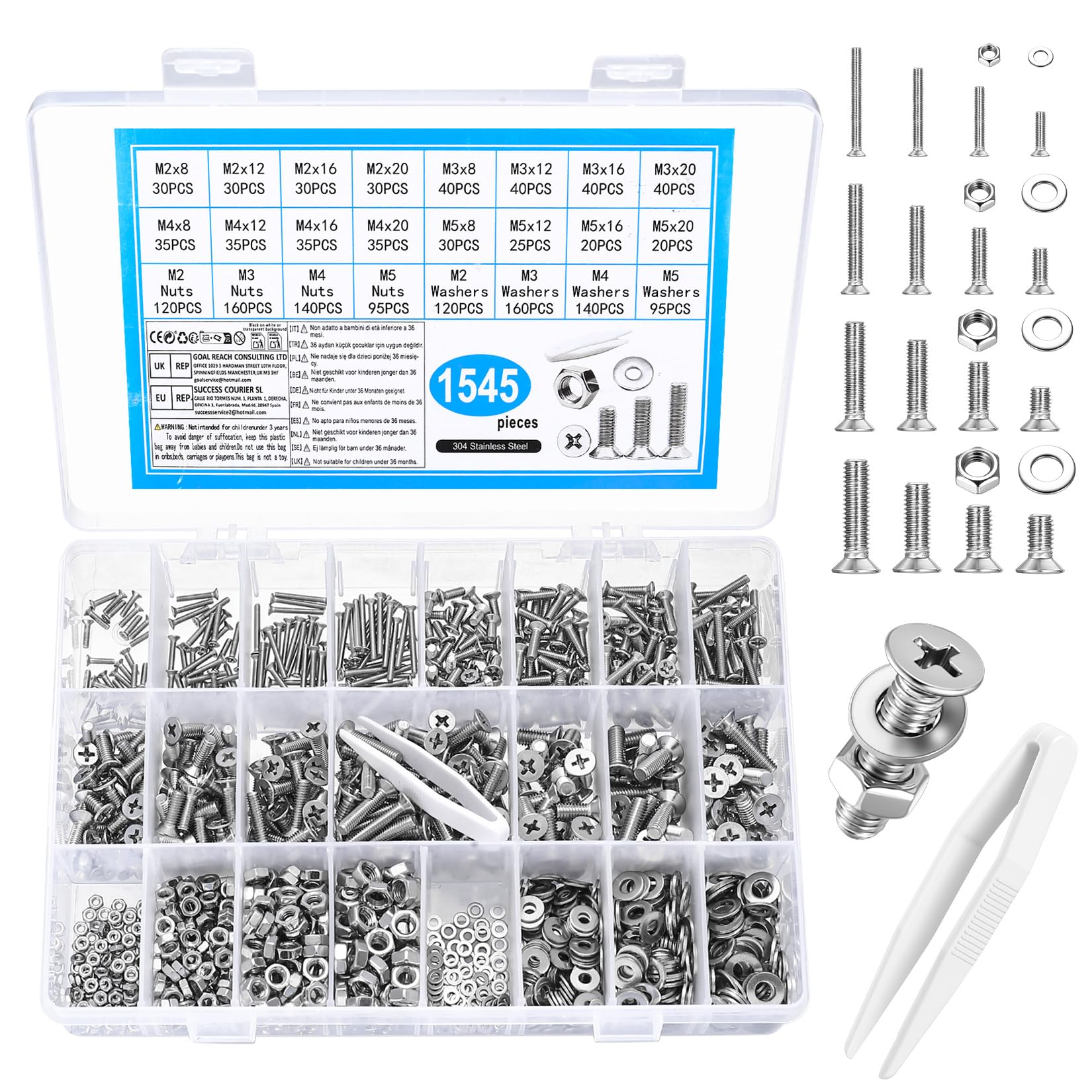 1545 Pcs M2 M3 M4 M5 Screws Set, Countersunk Bolts and Nuts Set, Stainless Steel Nuts and Bolts Assortment, Corss Flat Head Machine Screws with Washers