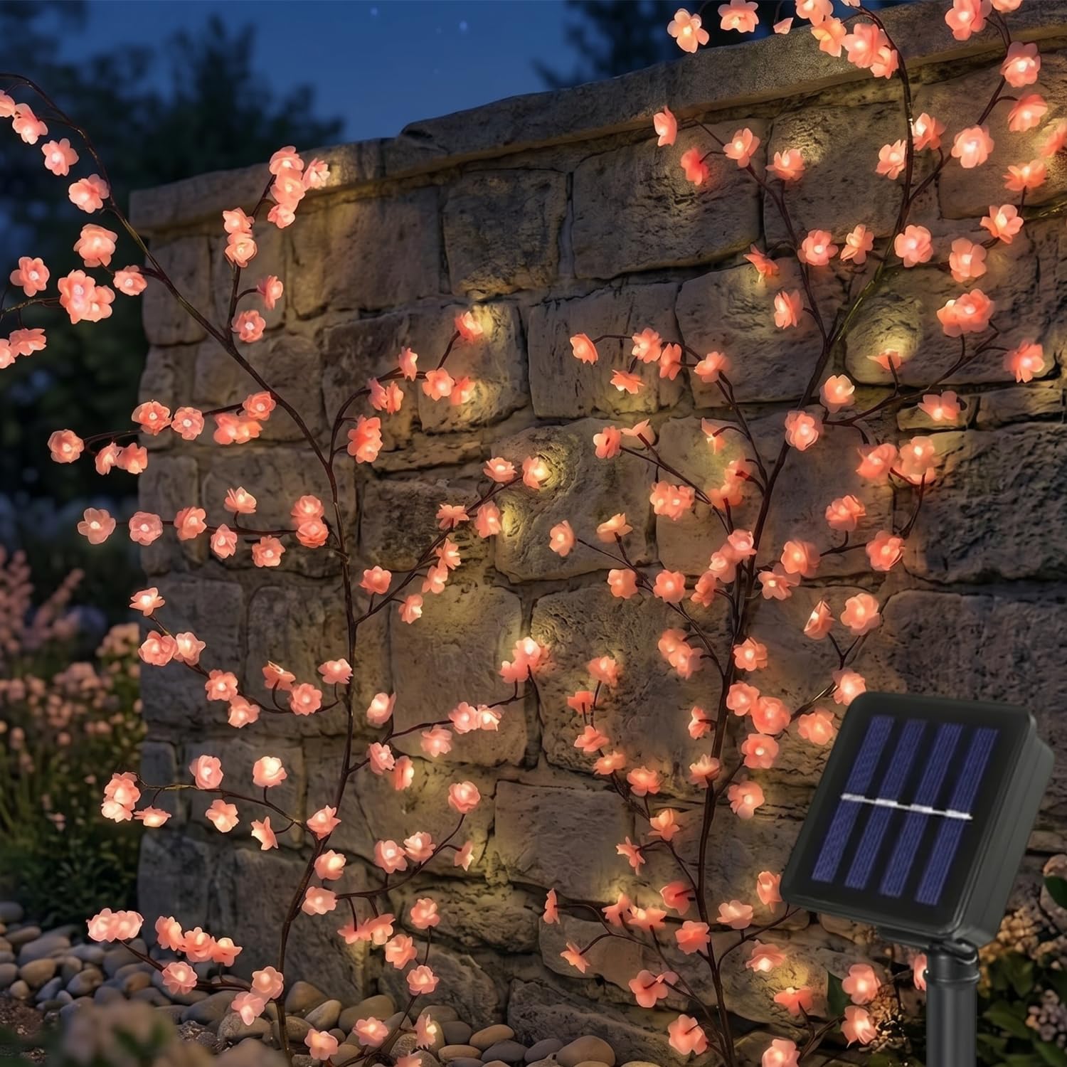 Gresonic Guirlande lumineuse solaire à LED décorative en fleurs de cerisier, Willow Vin, minuterie USB, branches de fleurs de cerisier (144 LED)