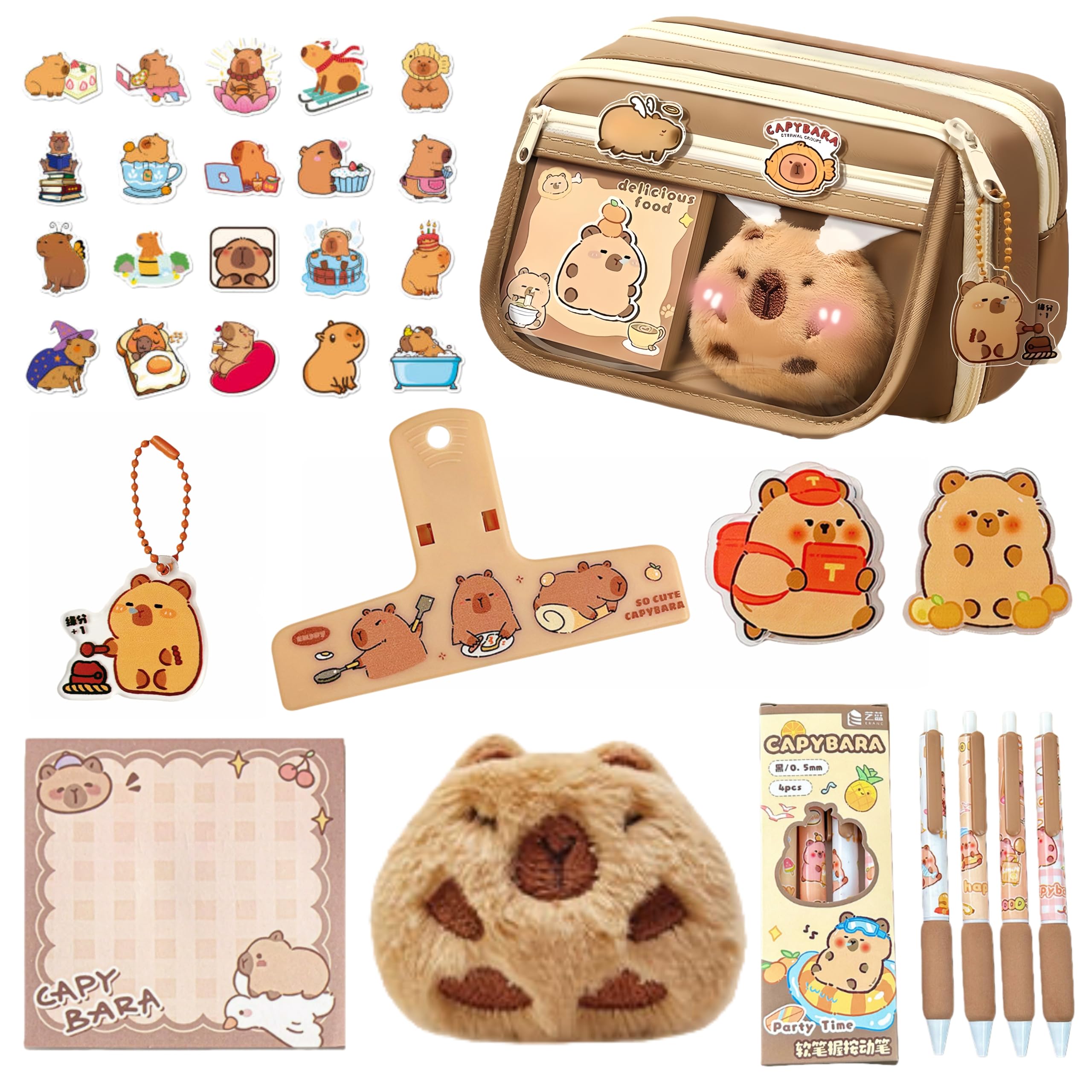 Capybara Pencil Case Kit with Plush Doll+20 Stickers+2 Brooches+Sticky Notes+Pens +Pendant,9-Layer Large Capybara Stationery Set Kawaii Makeup Bag (Brown)