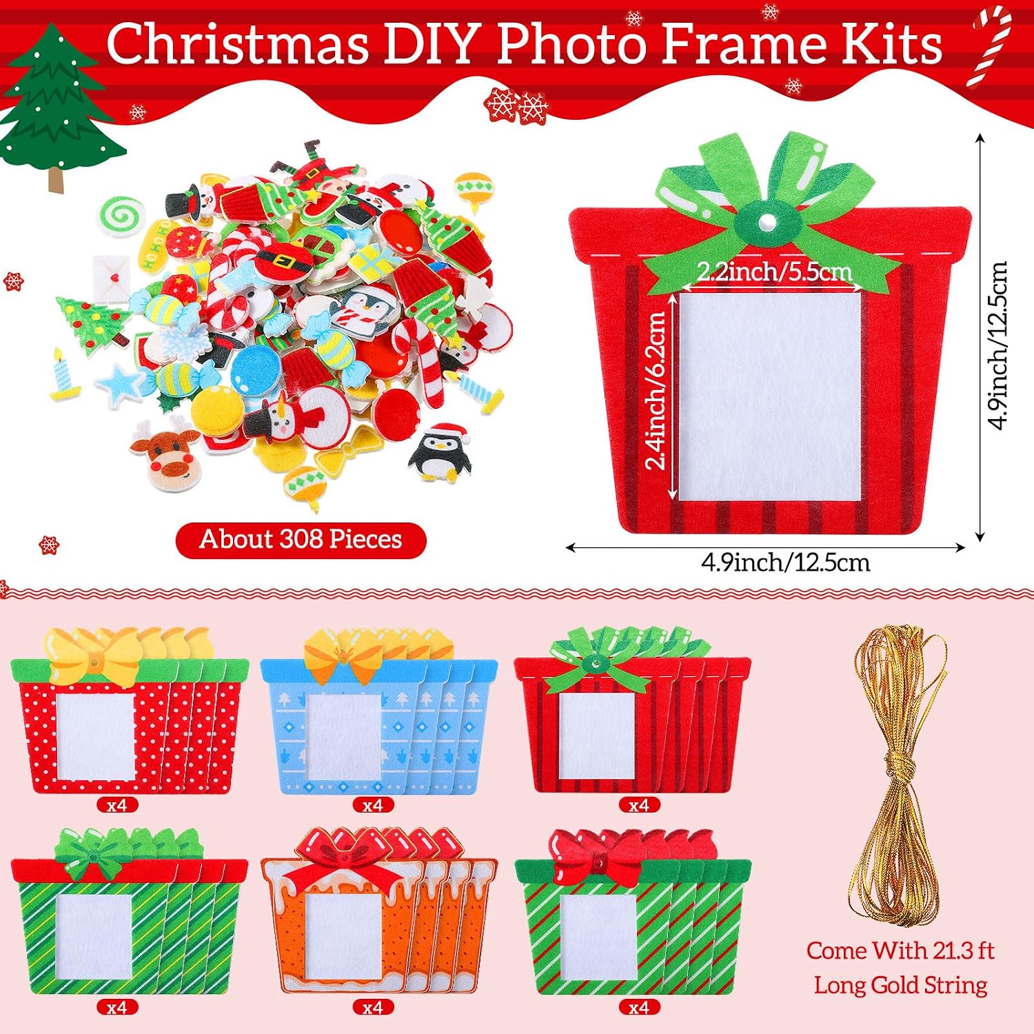 Blosssound 324 Pcs Christmas DIY Photo Frames Crafts Kit Felt Present Box Picture Frame Xmas Snowman Santa Stickers for Xmas Holiday Party Classroom DIY Activity Tree Decor (Present Box)