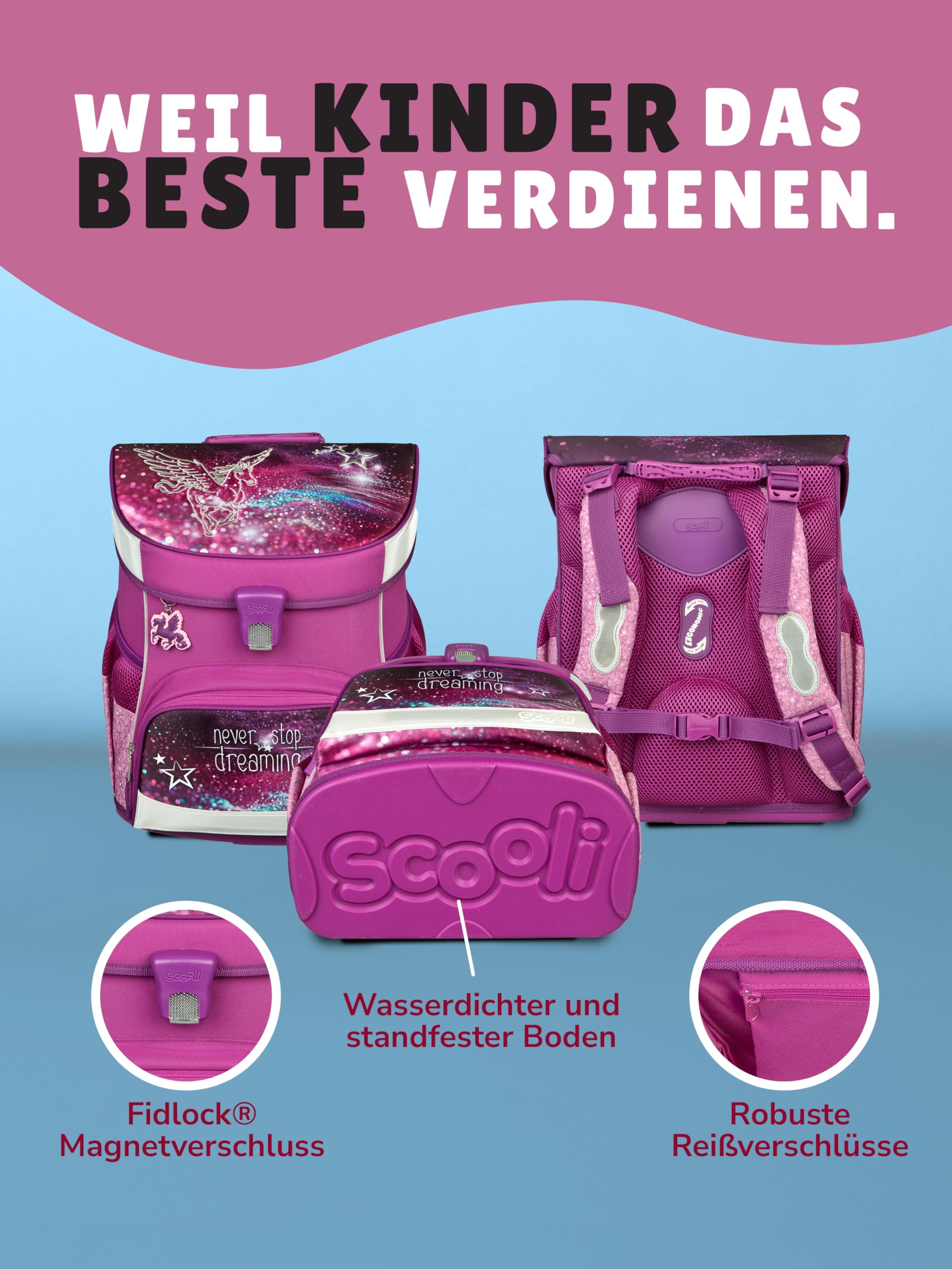 Familando - Scooli Campus Fit Schulranzen Set - 9-teilig mit Sporttasche - Pegasus Violett - Ergonomisch, Stabil & 980g leicht - 18L Volumen - Brustgurt & Reflektoren - Für Grundschule ab 1. Klasse