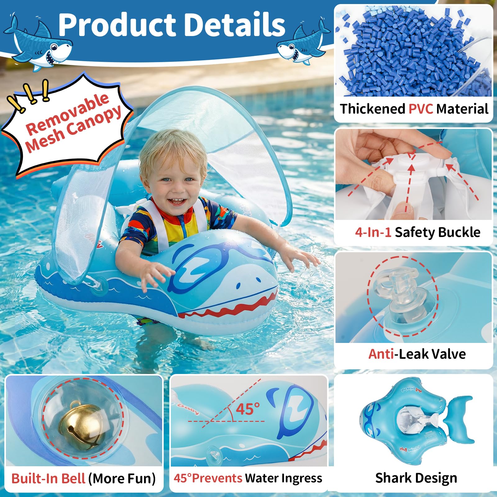 Flotador Bebe con Sombrilla UPF 50+ Ninonly Flotador con Proteccion Bebe Diseño Tiburón con Campana, Inflable Piscina para Bebe Asiento Ergonómico Anti-Vuelco Seguro para Piscina y Playa 12-36 Meses