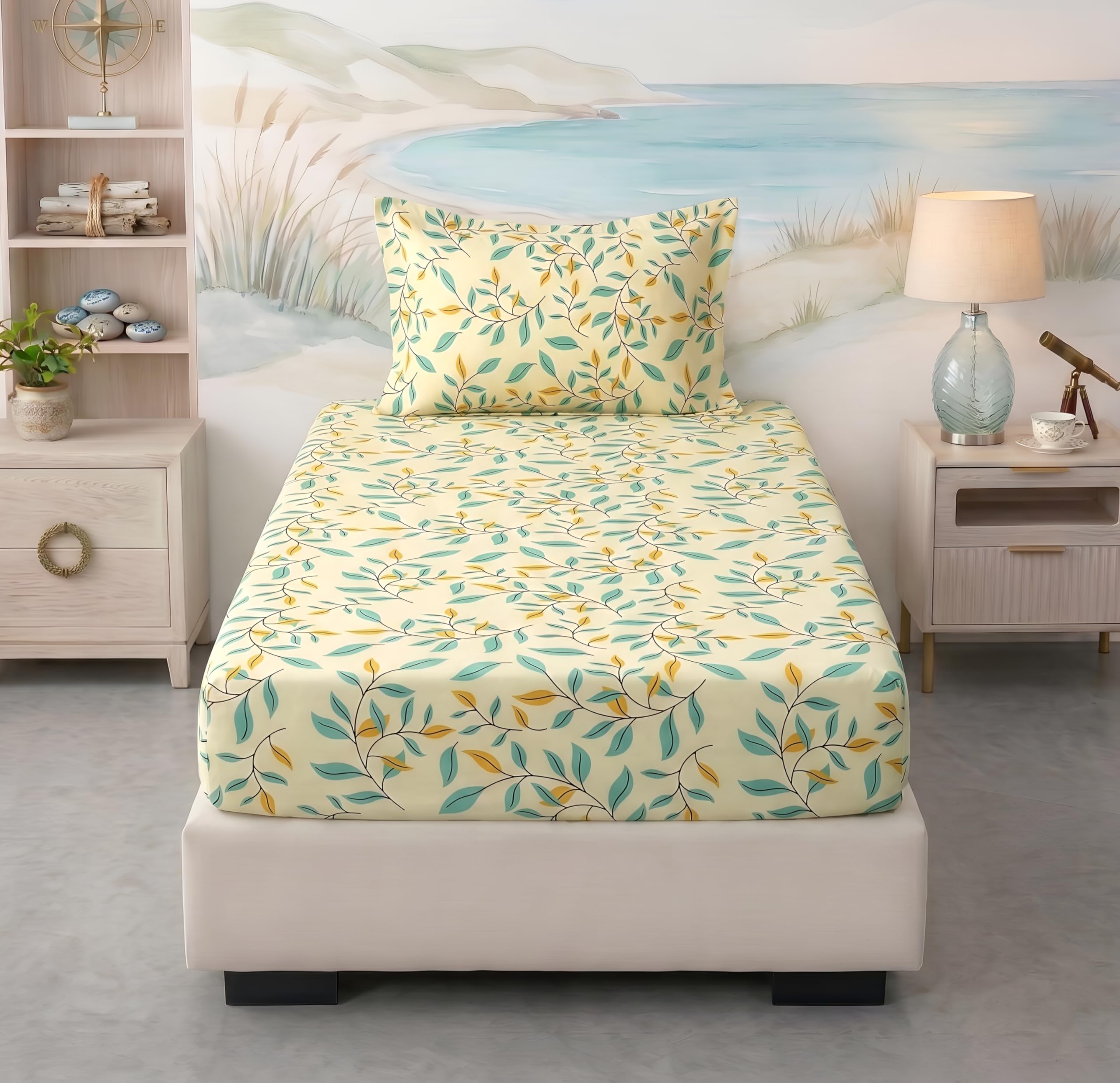 BSB HOME 220 TC Cotton Fitted Single Bedsheet with 1 Pillow Cover, Soft Breathable, Elastic Fit, Fade Resistant, Easy Care – 36 x 72 + 6 Inches (Spring Leaf Multi)