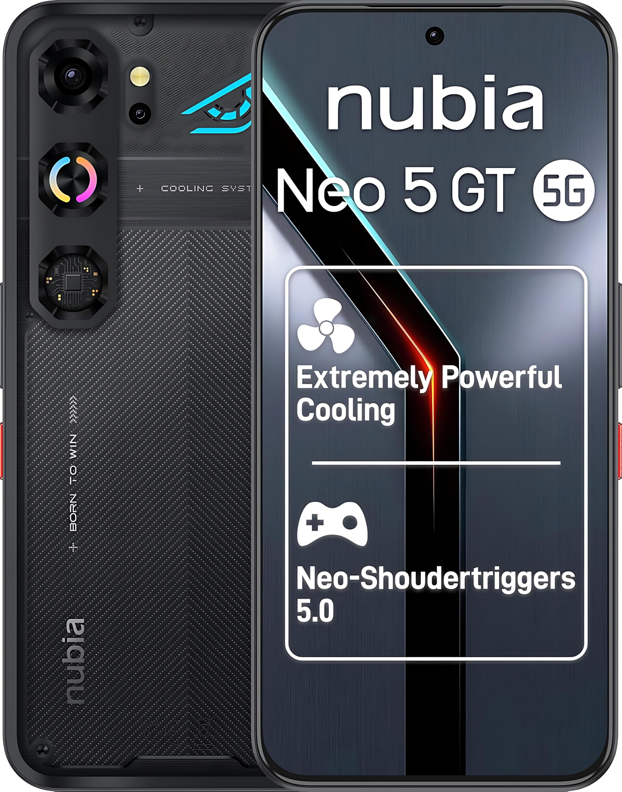 ZTE Nubia Neo 5 GT 5G, Smartphone Gaming con IA, 12GB+256GB, Gatillos Laterales, Ventilador físico Incorporado, Pantalla AMOLED 6,8" 1.5K 144Hz, 6210mAh Doble celda, Android 16, Negro (Phantom Black)
