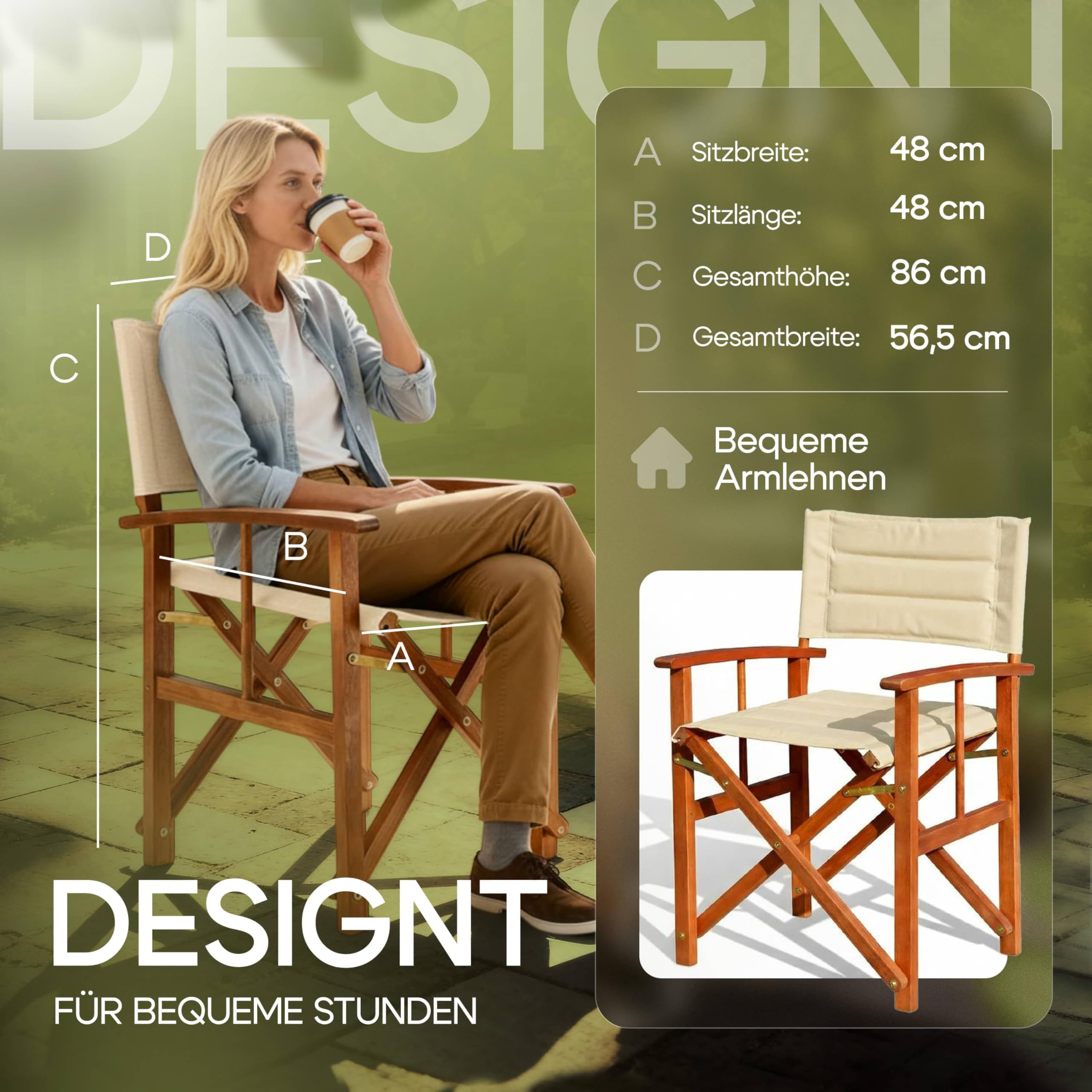 Casaria® Premium Regiestuhl 2er Set aus FSC®-zertifiziertem Eukalyptusholz - Gepolsterte Klappstühle mit Armlehnen, waschbarem Bezug & extra Sitzkomfort, bis 160 kg belastbar