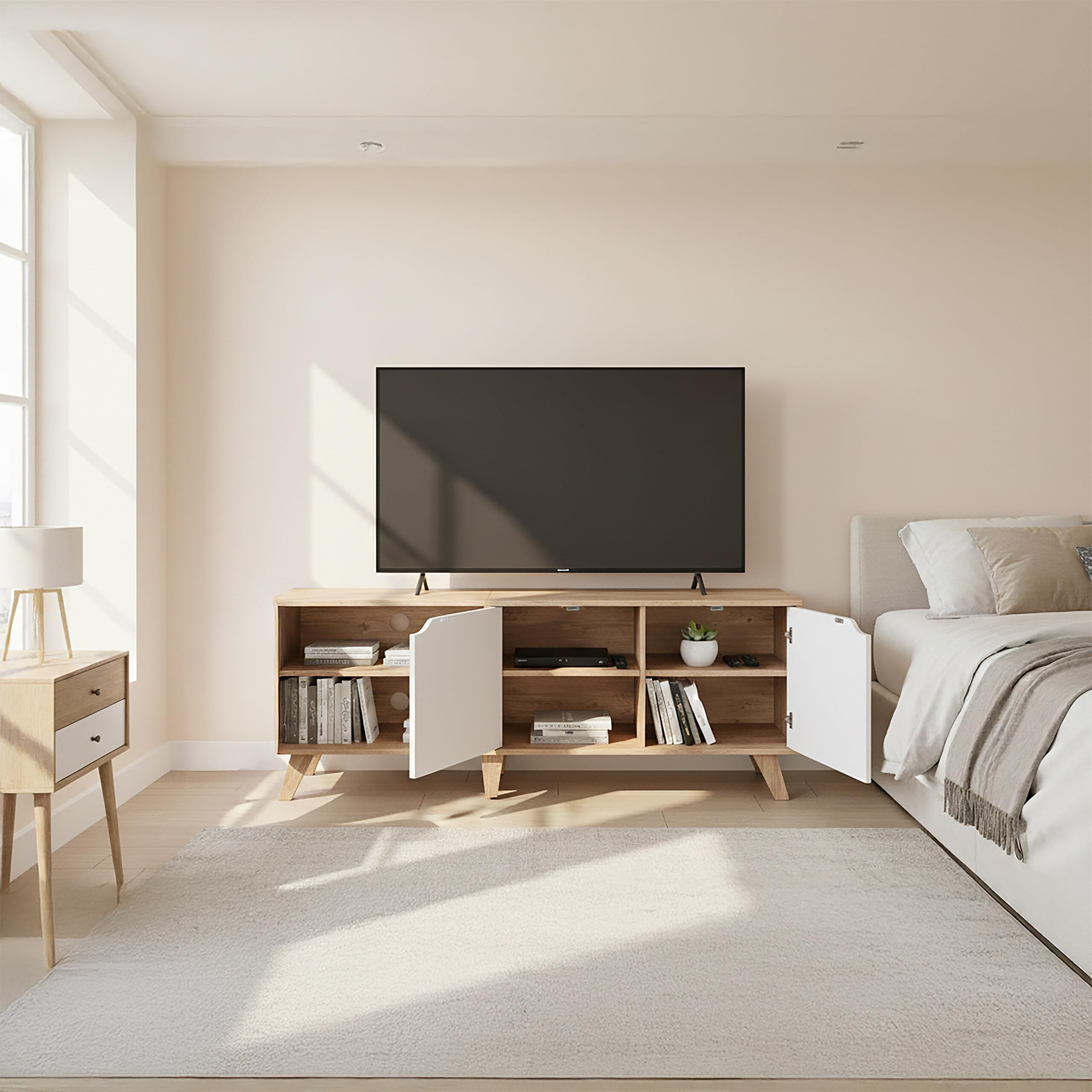 Relaxdays Meuble TV, 6 Compartiments, pour TV jusqu'à 60", HxLxP 50x140x40 cm, Passe-câbles, Nature/Blanc