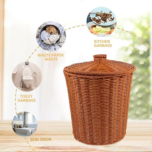 Miniatura 4 de Cabilock Cesta de picnic Cesta tejida Papelera Redonda Cesta de basura de ratán con tapa Maceta Cestas de almacenamiento tejidas Cesta de basura de
